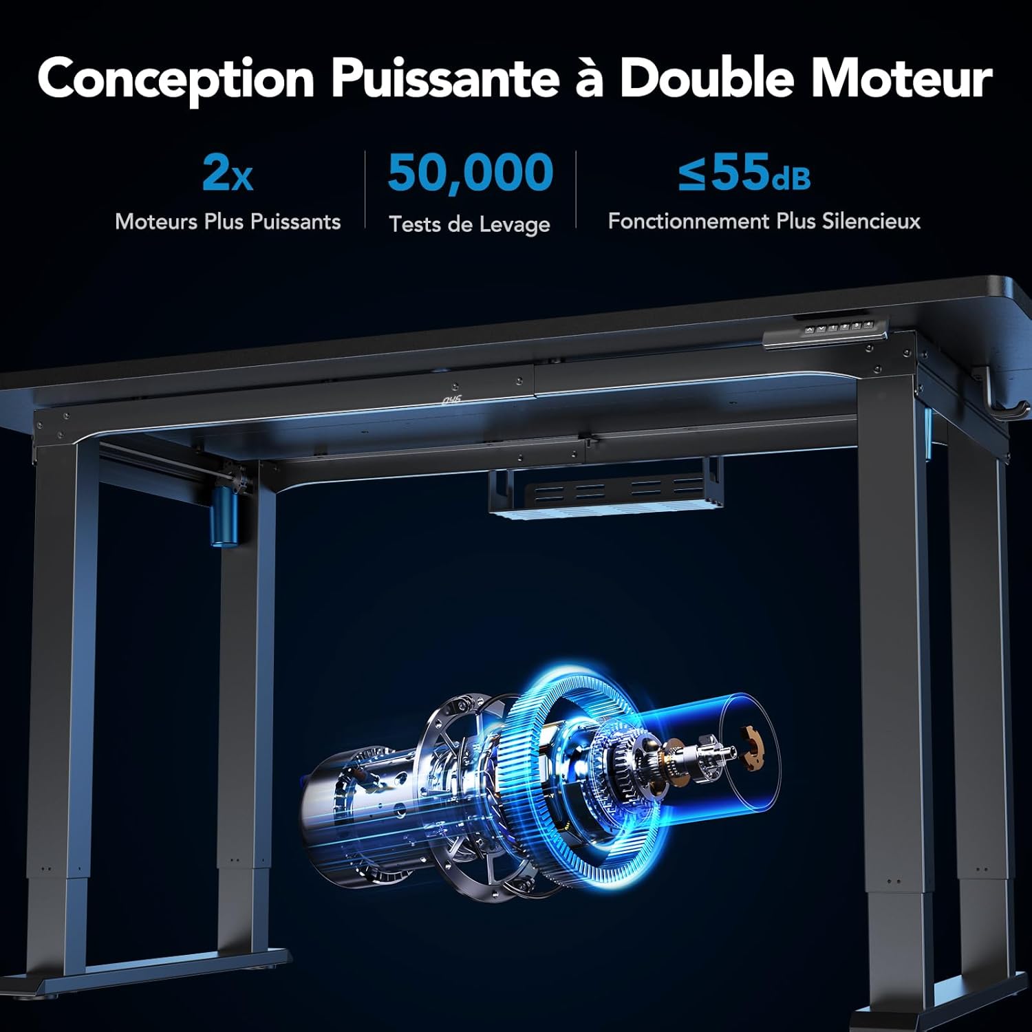 رسم تخطيطي يوضح نظام المحرك المزدوج القوي لإطار مكتب HUANUO القابل للوقوف، مع تسليط الضوء على تشغيله الهادئ ومتانته.