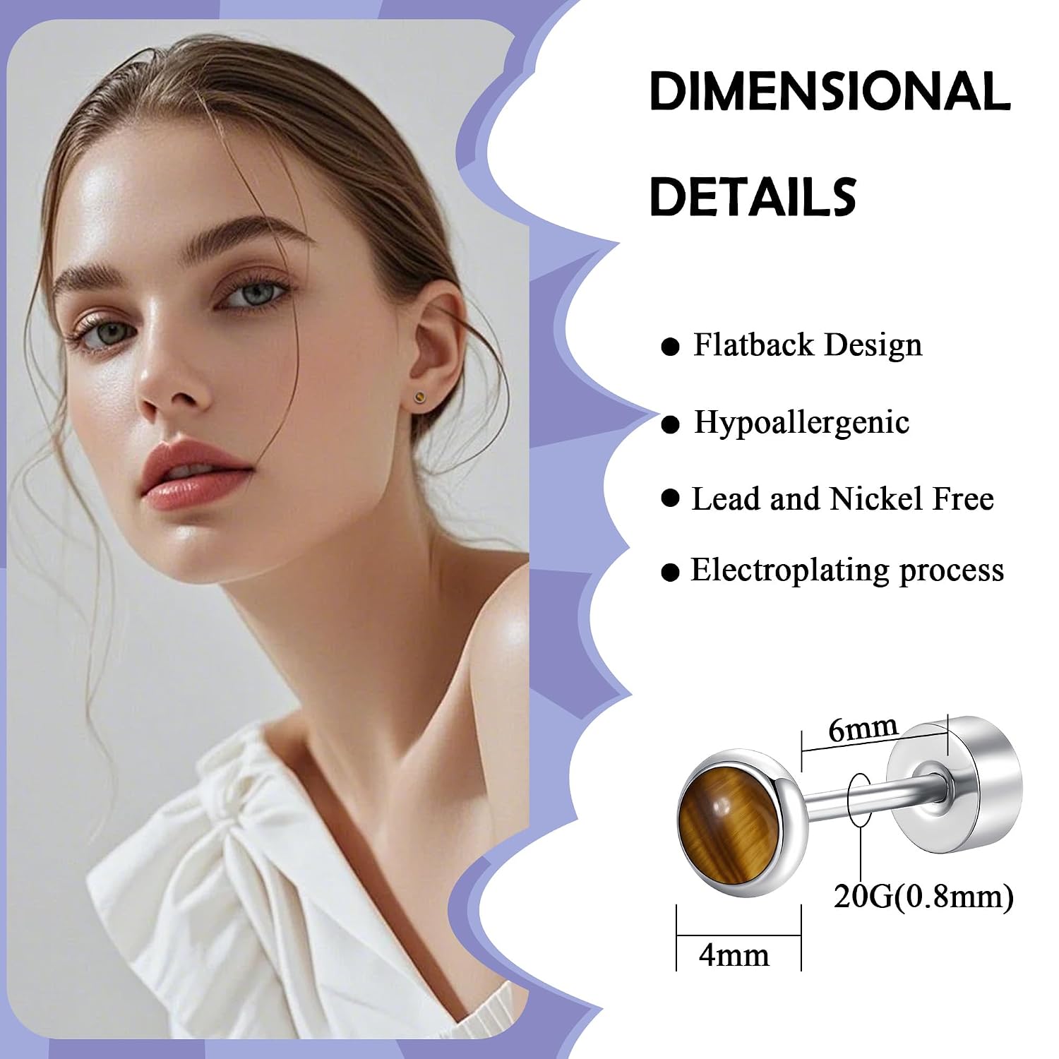 Flat Back Earrings for Women, G23 Titanium Hypoallergenic Onyx Earrings, Stone Flat Back Studs Earring for Multiple Piercings Flatback Earring Sensitive Ears - Image 2