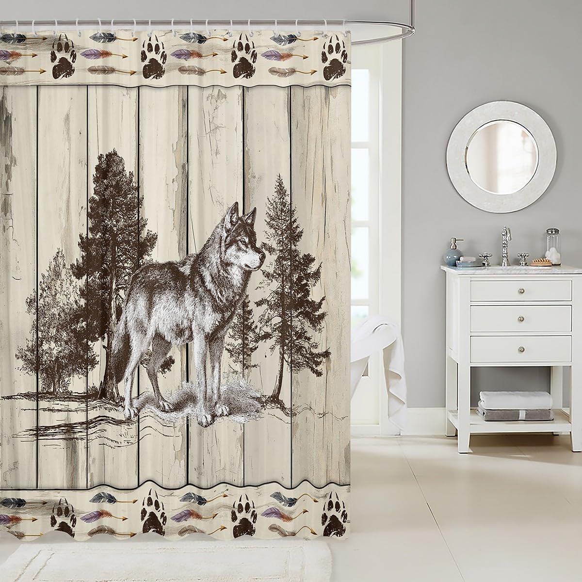 Erosebridal Rustic Wolf Shower Curtain 72" Wx72 L Funny Country Cabin Waterproof Bathroom Accessories Wild Woodland Animals Bath Curtain for Bathroom Showers Brown Wooden Paw Prints image 2