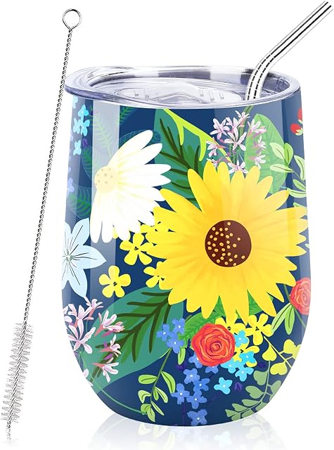 NymphFable 12oz Flower Cup for Women Wine Tumbler with Lid and Straw Insulated Travel Mug Stainless Steel Double Wall