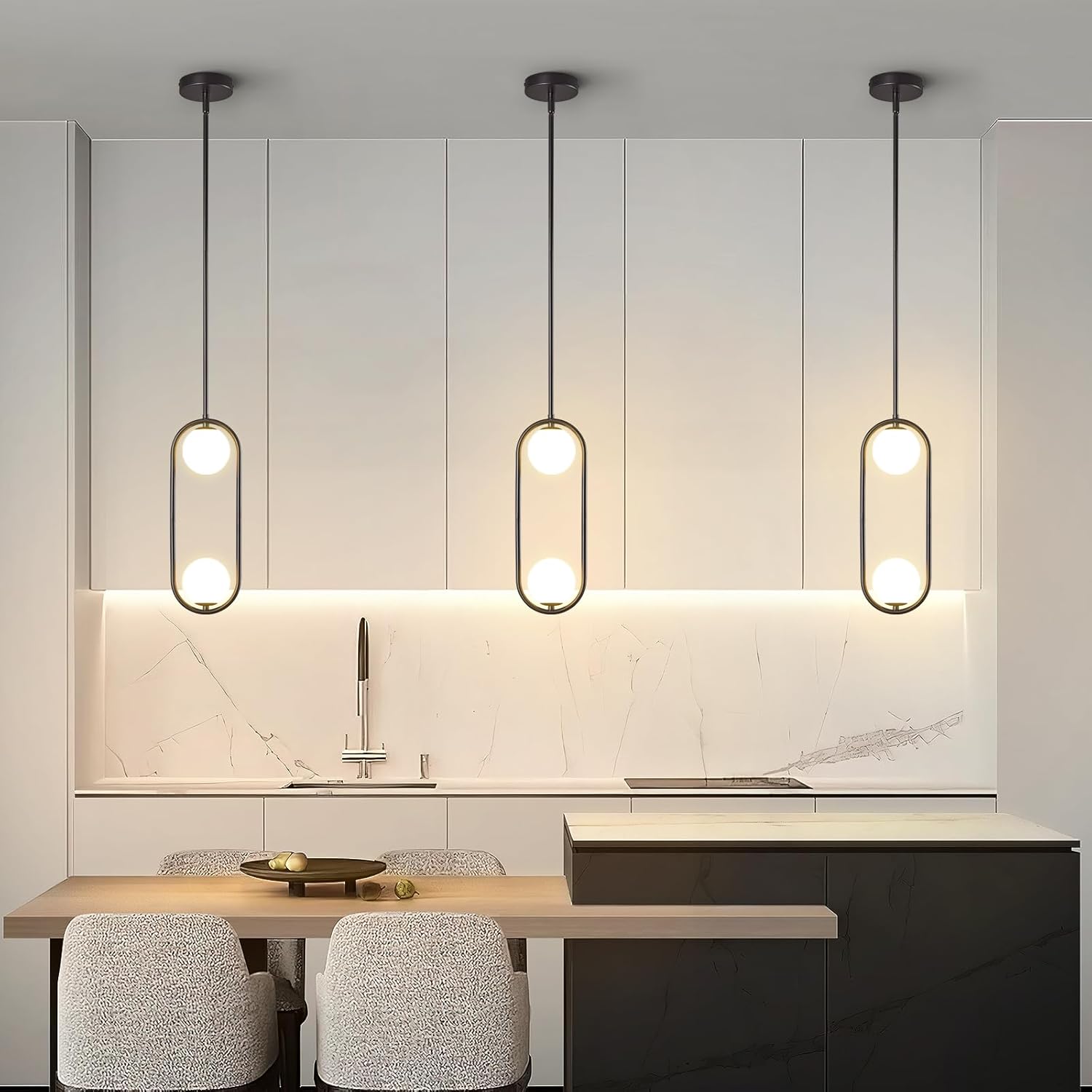 Modern Black Globe Pendant Light Mid Century Chandelier 2-Light Ceiling Hanging Lighting Fixture with White Globe Glass Lampshade for Kitchen Island Dining Room Bedroom (1 Pack)