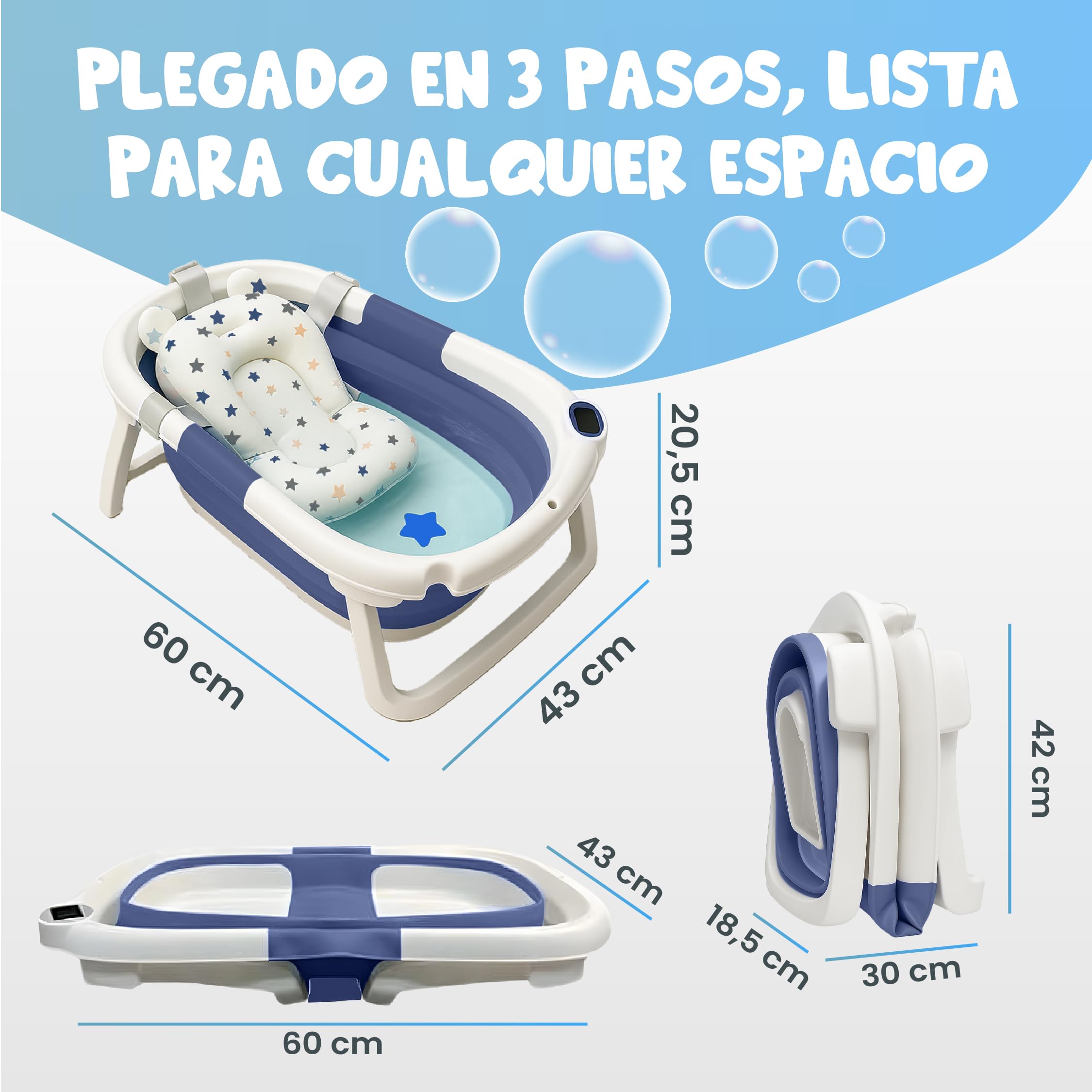 BAÑERA PLEGABLE BEBÉ 5 EN 1 Termómetro + Cojín Protector + Patas Antideslizantes + Tapón de Seguridad | Bebé Recién Nacido | Diseño Plegable en 2 | Fácil de Guardar y Transportar (Azul) — view 2