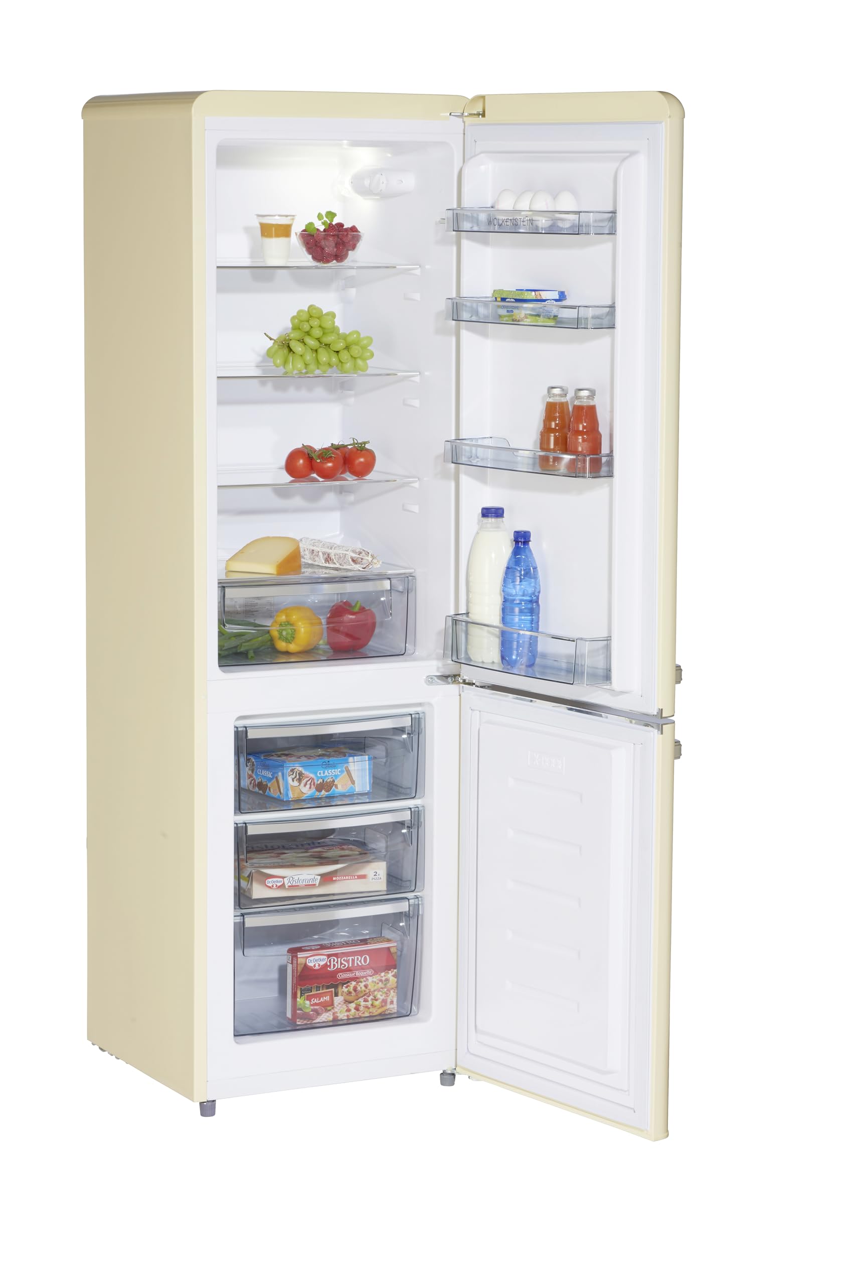 Wolkenstein Kühl-Gefrier-Kombination KG250.4RT SC Creme | 249 Liter Nutzinhalt | 4* | 69 Liter Gefrierfach | Externer Chromgriff | Silber Applikationen | Freistehend