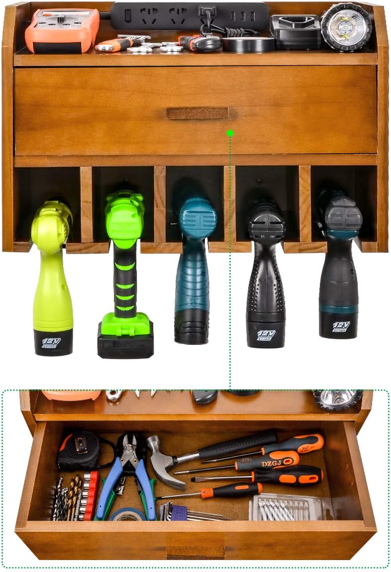 Best Quality 🔥 Power Tool Organizer Storage - Garage Organizer Drill Charging Station - Wooden Cordless Drill Holder Rack Wall Mount with Drawer(Brown)