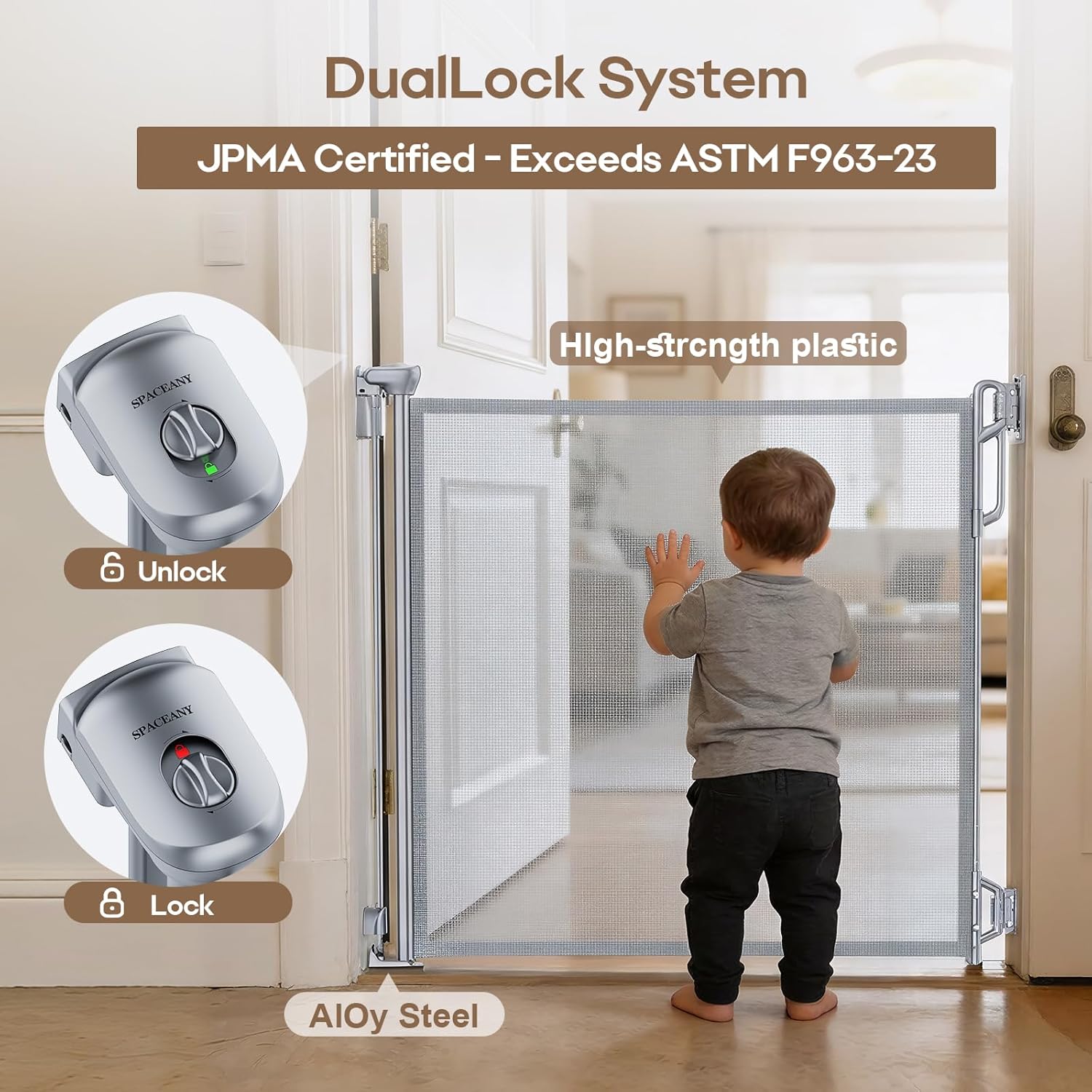 SPACEANY Retractable Safety Baby Gate or Mesh Dog Gate,Durable Portable Mesh Retractable Gate,Easy to Use for Stairs, Doorways, Hallways, Indoor, Outdoor, 33.5" Tall, Up to 45" Wide, Gray