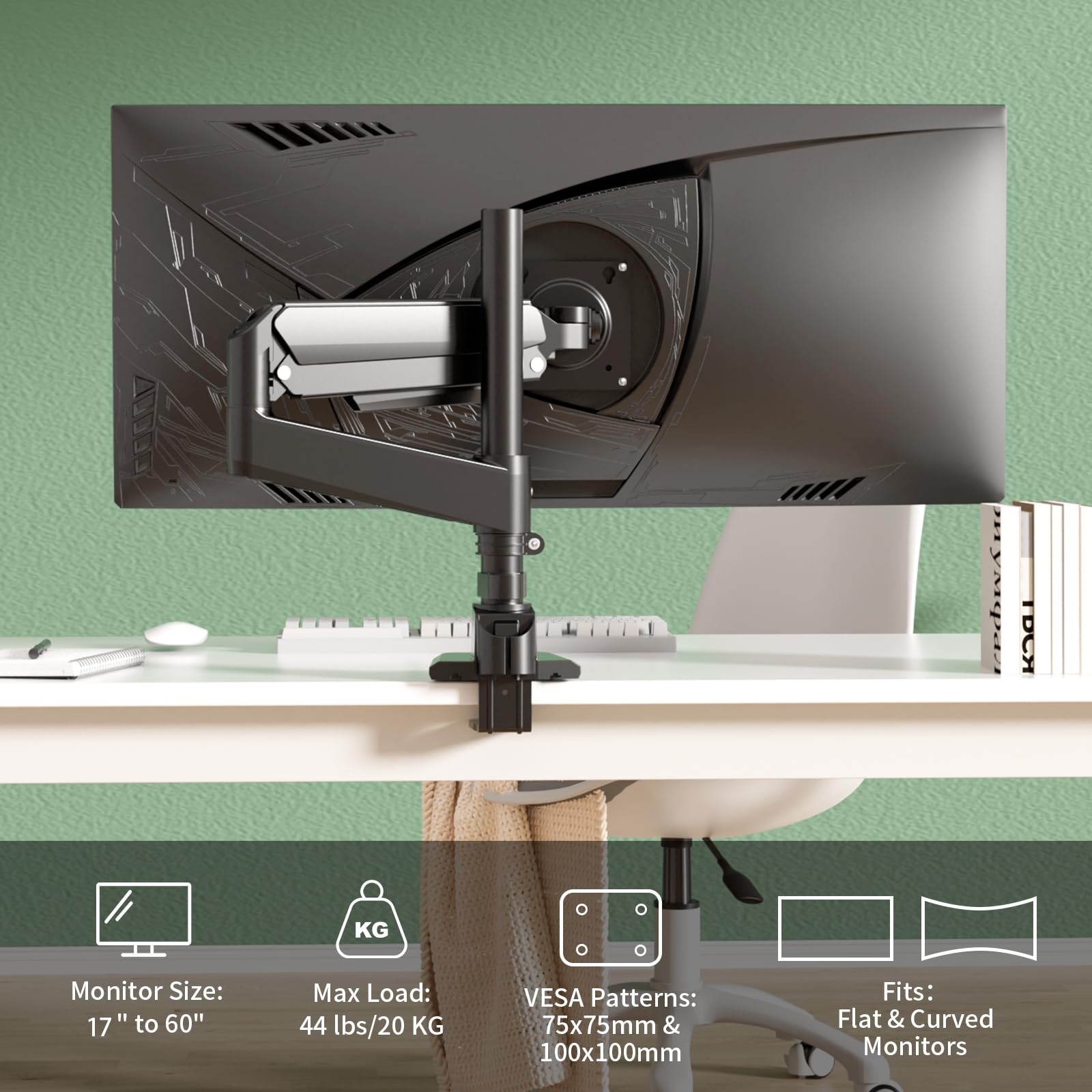 Braccio Monitor Nero per Schermi Ultralargo da 17 a 60 Pollici,Supporta 20kg, Supporto Monitor a Molla a Gas Regolabile in Altezza Con Asta, Ergonomia Rotazione VESA 75x75/100x100mm