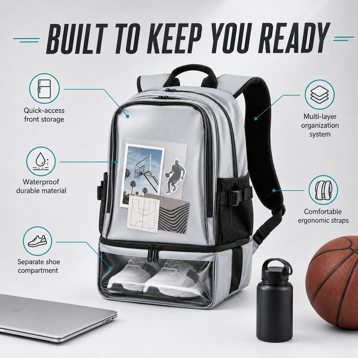 Large Basketball Backpack with Ball and Shoe Compartments, Sports Backpack Gym Bag for Soccer, Volleyball, School Sports, Student Athletes, Wet Dry Pocket