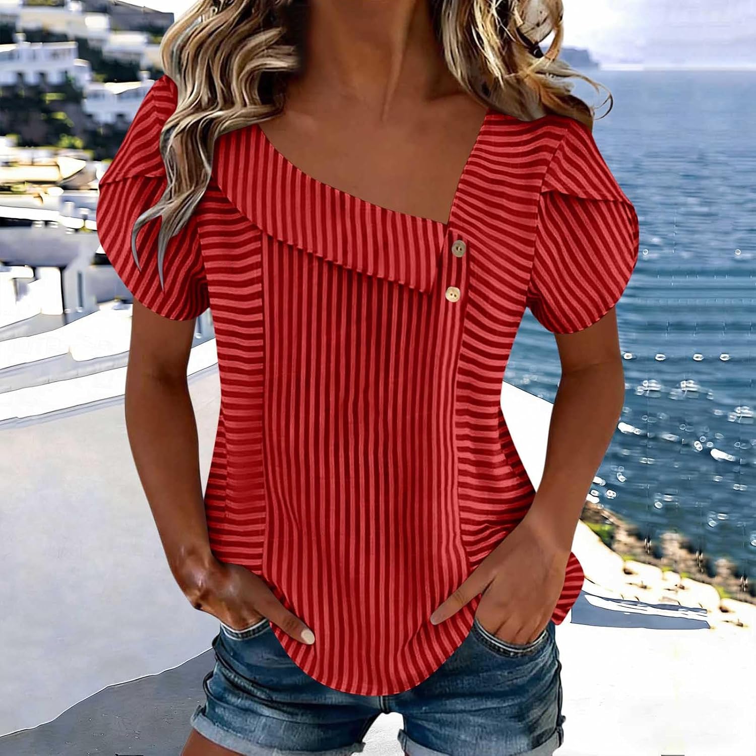 Women's Asymmetrical Neck Striped Blouse Puff Short Sleeve Business Casual Summer Tops Loose Vacation Dressy Shirts