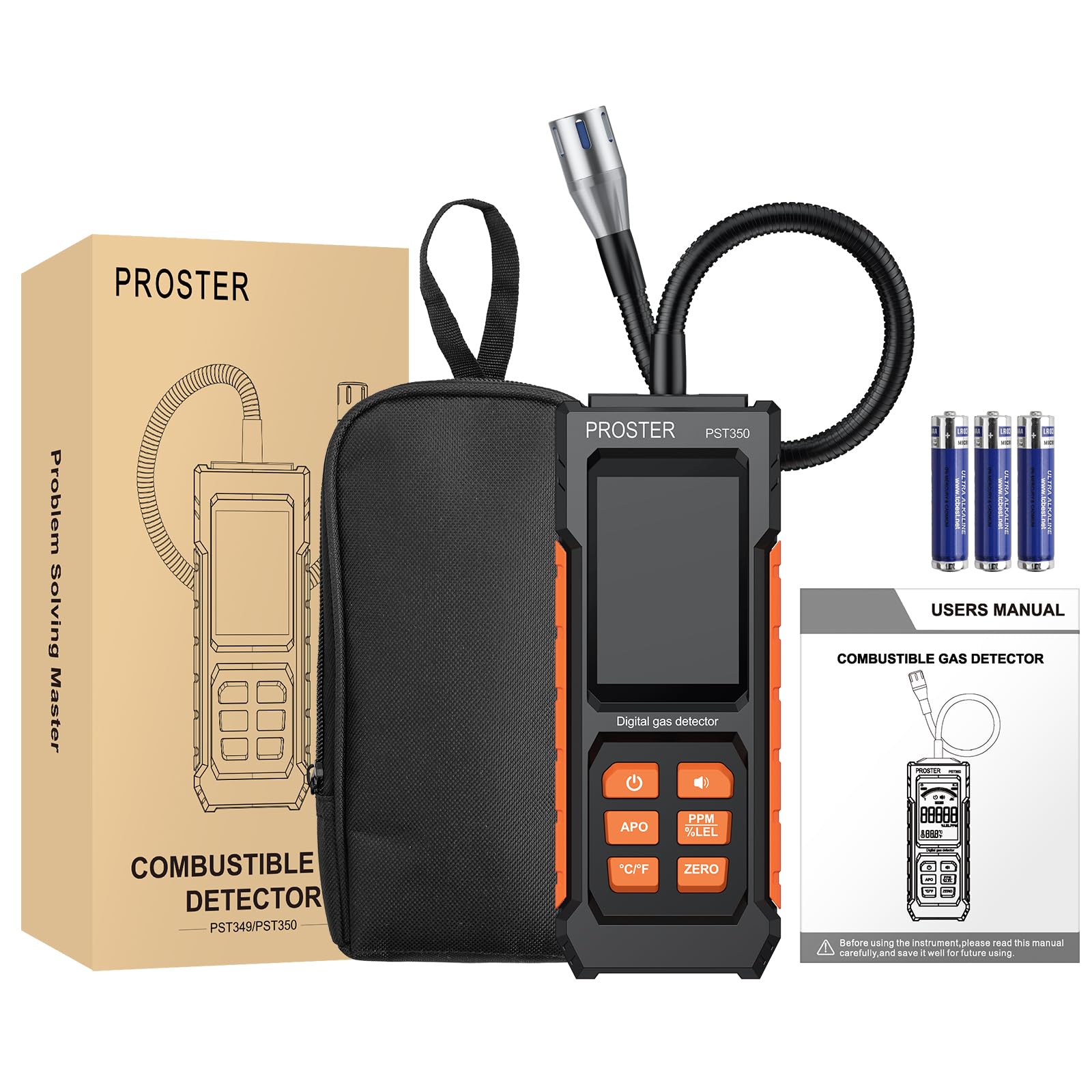 Proster Rilevatore Fughe Gas Portatile 50–50,000 PPM con Sonda a Collo d'Oca da 27 cm e Display a Colori, per Metano GPL Propano Butano Gas Naturale Allarme Sonoro Visivo per Casa Camper Cucina Camino