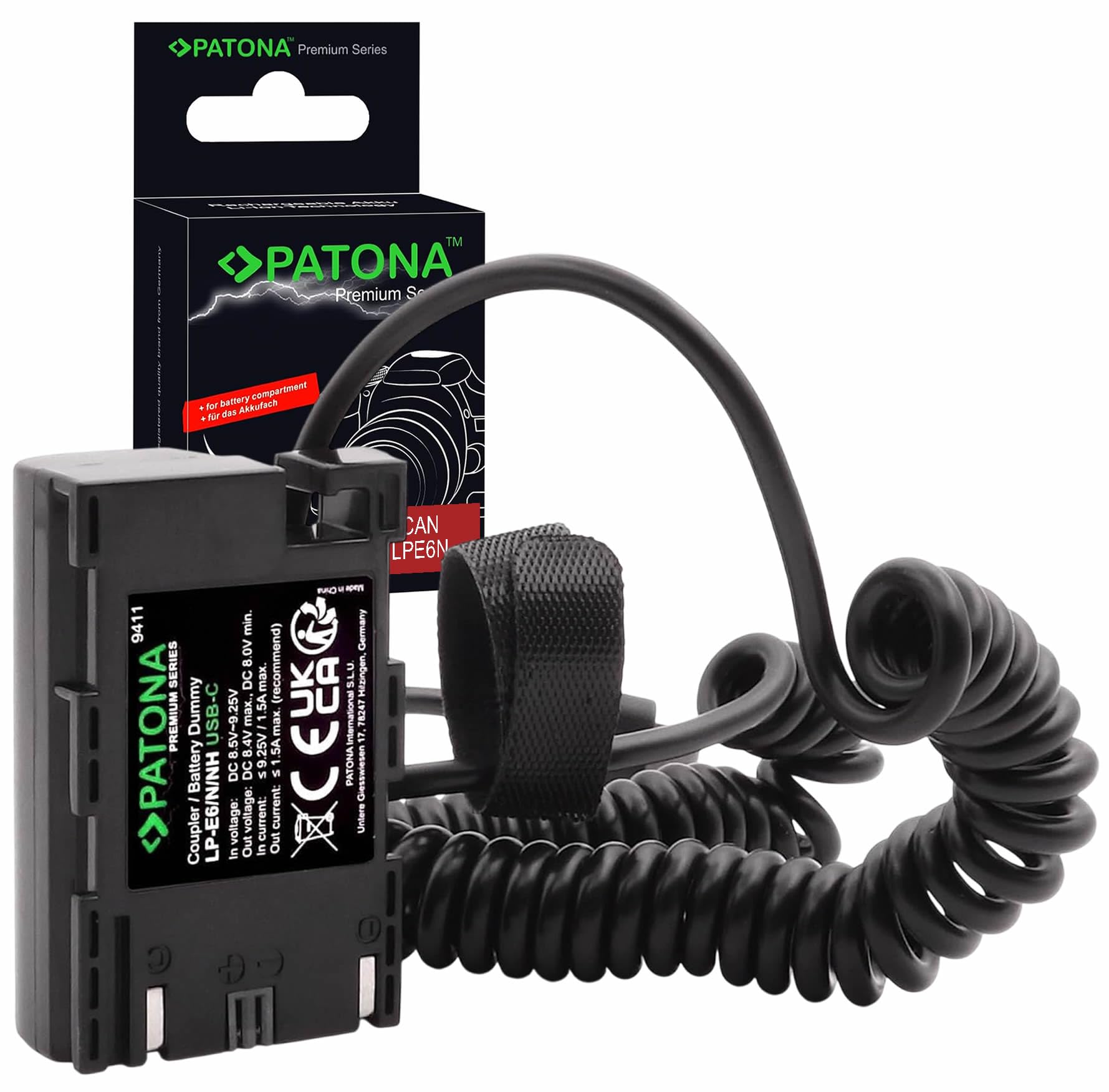 PATONA Dummy Batteria USB-C per Canon LP-E6NH/LP-E6N/LP-E6 – sostituisce accoppiatore VP-DRE6 – per EOS R5 R6 R6II R7 5D Mark II/III 5DS 6D 7D 60D 70D 80D 90D XC10 XC15 – per streaming continuo