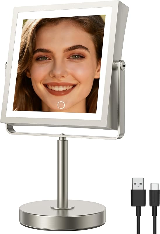 Espelho para maquiagem Basitool com luz, dupla face 1X/10X, giratório, altura ajustável, acabamento níquel escovado