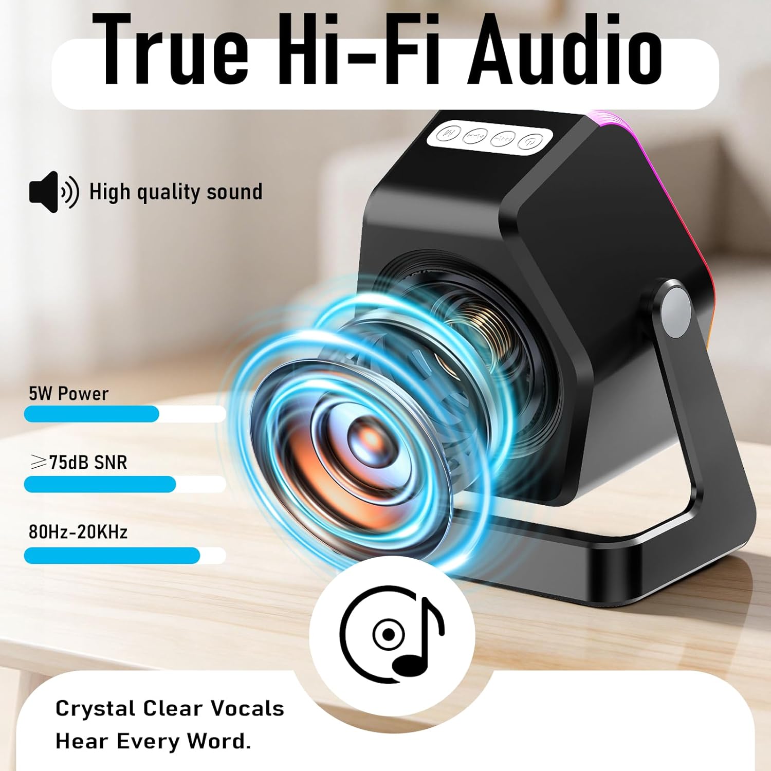 Hupoaf Wireless Induction Speaker, 5 in1 Bluetooth Phone Speaker with Mirror, Stereo Sound, RGB Ambient Light, 2600mAh, Tech Gifts for Men Women, Adjustable Phone Stand for iOS/Android, Pure Black
