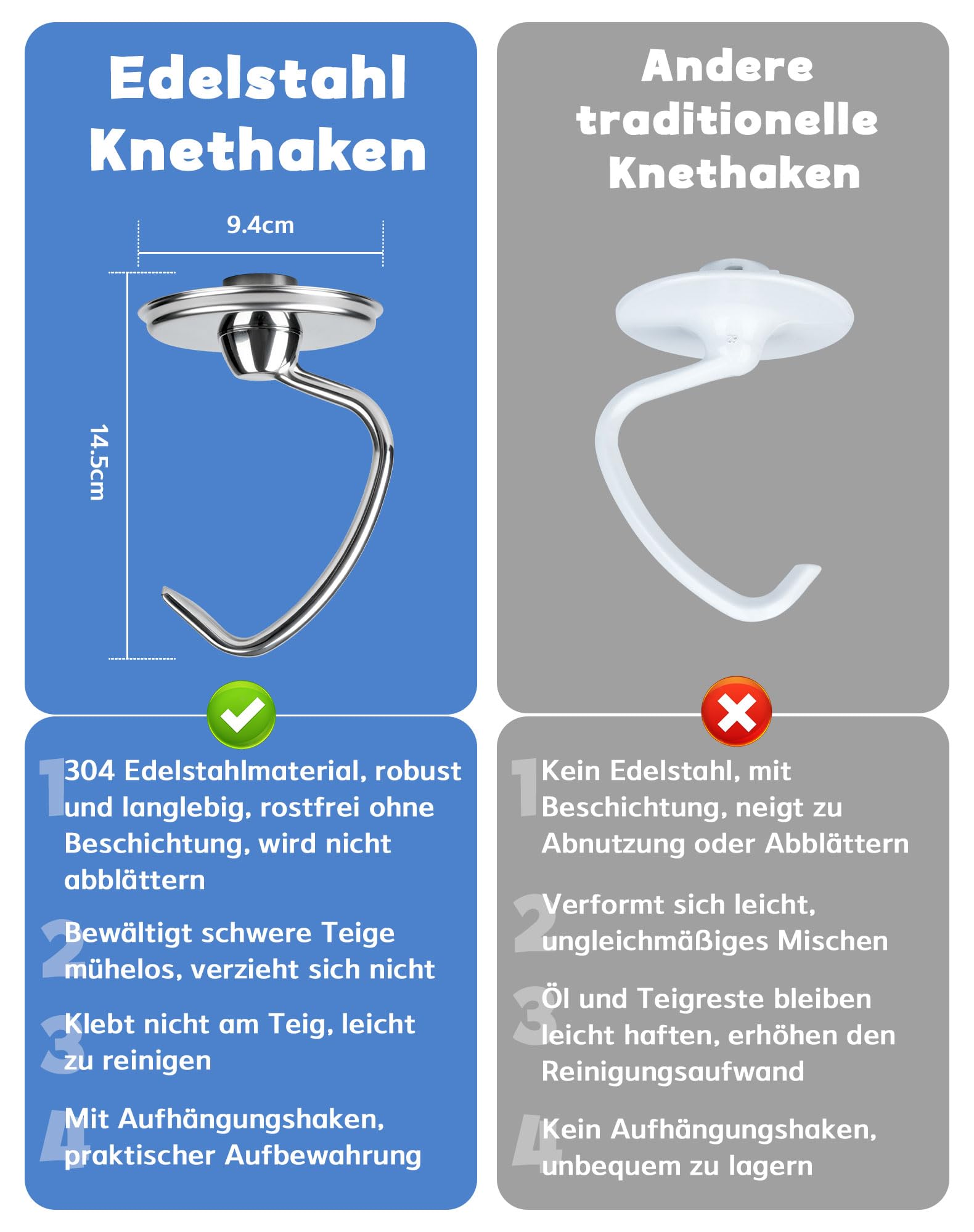 Knethaken für Kitchenaid 4.5/5QT Edelstahl Knethaken, Teigpeitsche für Standmixer, Artisan Rührhaken Geeignet für KSM150 K45 K45SS KSM75 KSM175 Ersatz, Spülmaschinenfest