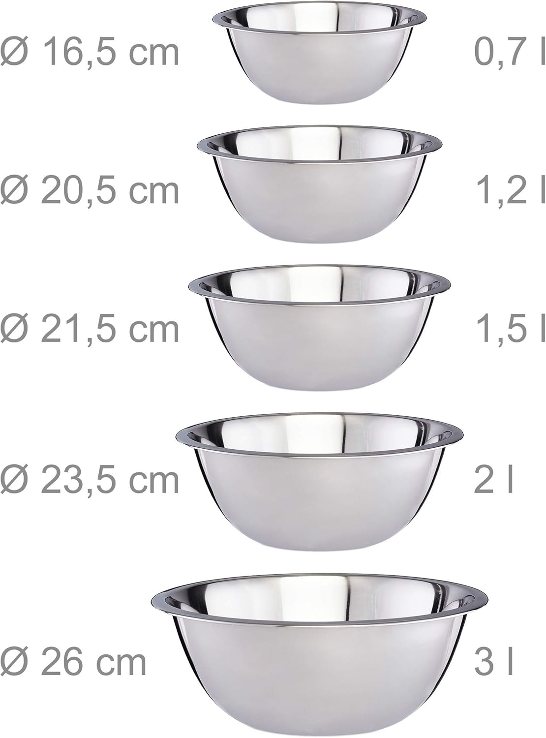 Relaxdays Mixing Bowl Set 5-Piece Stainless Steel Bowl Set for Baking and Serving Stackable Salad Bowl Silver
