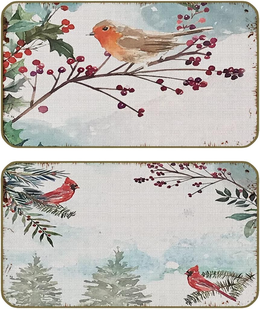 UINHMOP 17''x30''Set of 2 Winter Snowy Trees Christmas Bird Cardinal Bird Decorative Doormat, Chinese Ancient Style Floor Mats Decor for Chinese Home Bathroom Kitchen Living Room Porch Front Door