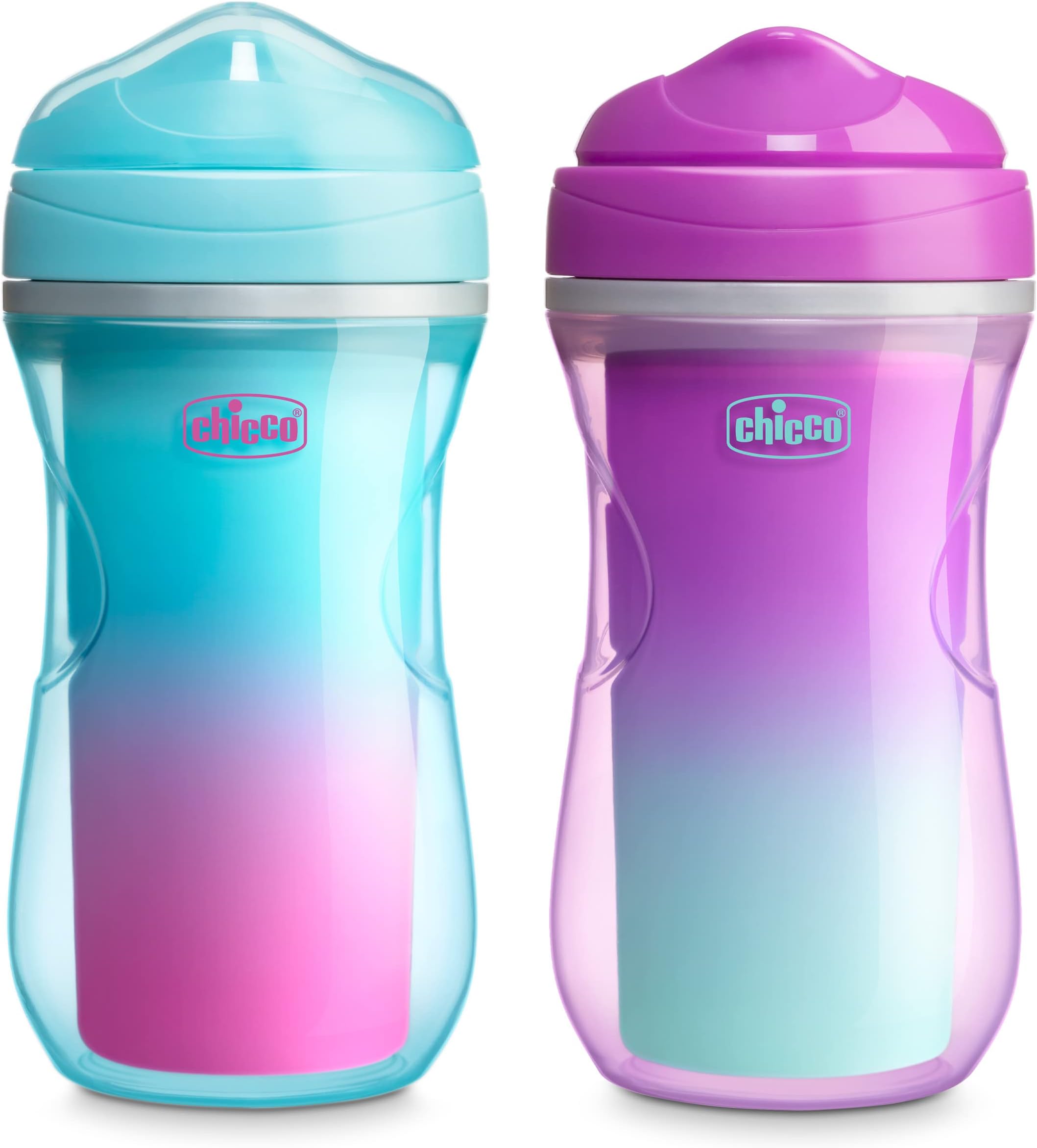 Chicco 9oz. Double-Wall Insulated Sippy Cup with Bite-Proof Rim Spout and Spill-Free Lid | Top-Rack Dishwasher Safe | Easy to Hold Ergonomic Indents | Pink/Teal/Purple Ombre, 2pk| 12+ Months
