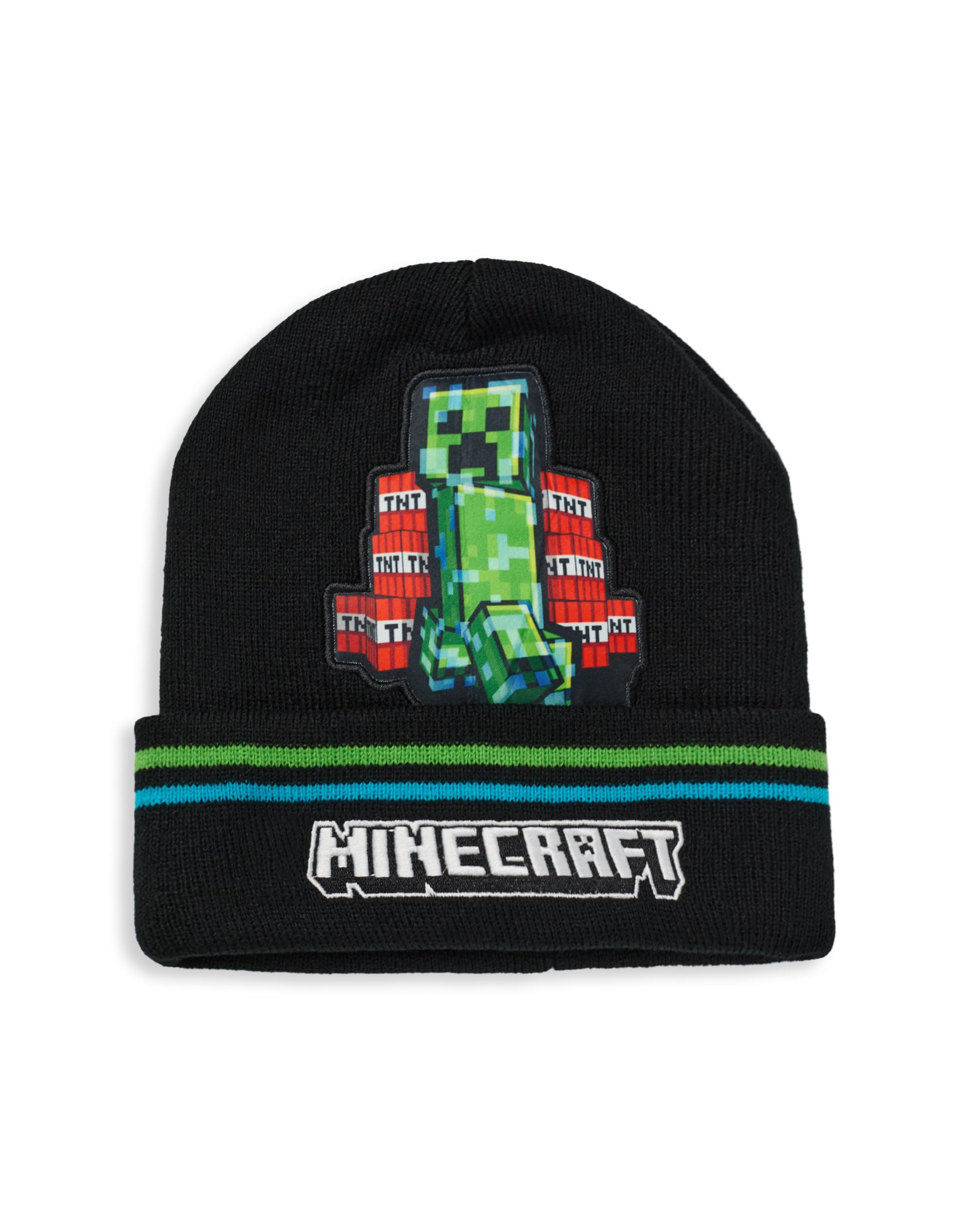 Minecraft Ensemble bonnet et gants pour garçons | Gamer Kids TNT Creeper Graphic Ensemble d'hiver tricoté | Chapeau et gants de personnage de jeu taille unique avec logo