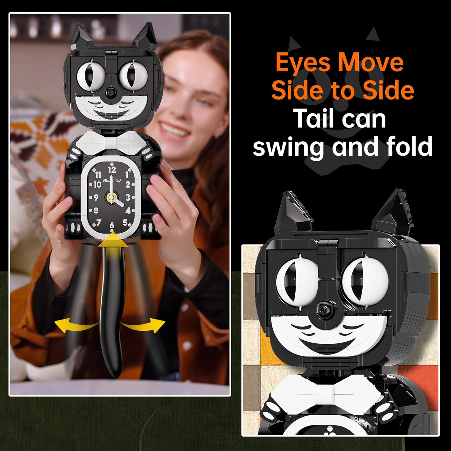 Close-up of the JAKI Black Cat Swing Clock showing moving eyes and tail.