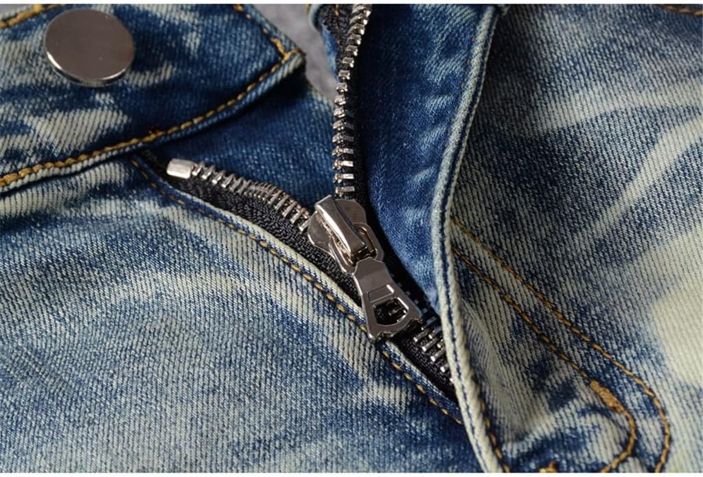 Men's Pu Leather Patchwork Biker Jeans Zippers Retro Light Stretch Denim Slim Pants