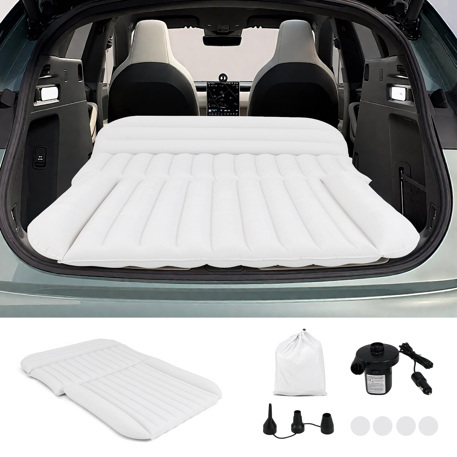 GOPLUS Matelas Voiture, Matelas Gonflable Voiture pour SUV Floconné avec Pompe, 3 Buses et Sac de Transport, Lit Gonflable Portable pour Voyage, Camping, Pêche, 130x190x15 CM (Blanc)