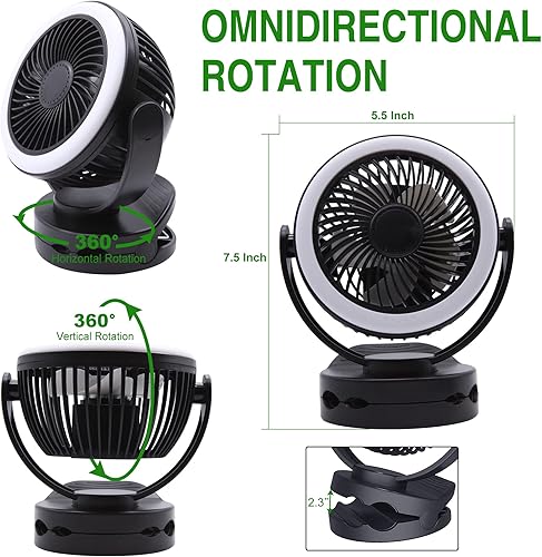 Miniatura 6 de Ventilador de refrigeración recargable USB portátil de 5000 mAh, con clip giratorio de 360, ventilador de pared con gancho y luz, 4 velocidades,