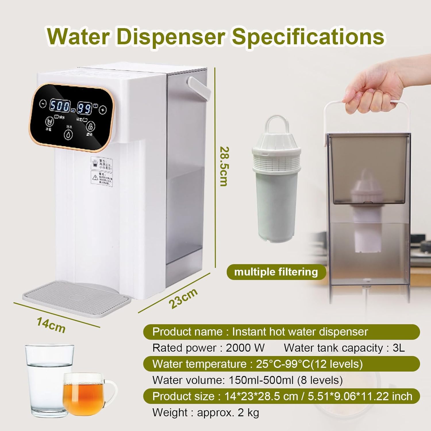 Countertop Hot Water Dispenser - 12 Temperature Settings (25°C-99°C) + 8 Volume Options (150ml-500ml), for Home Office Coffee Tea Bar Dormitory Desktop Small Household Water Dispenser