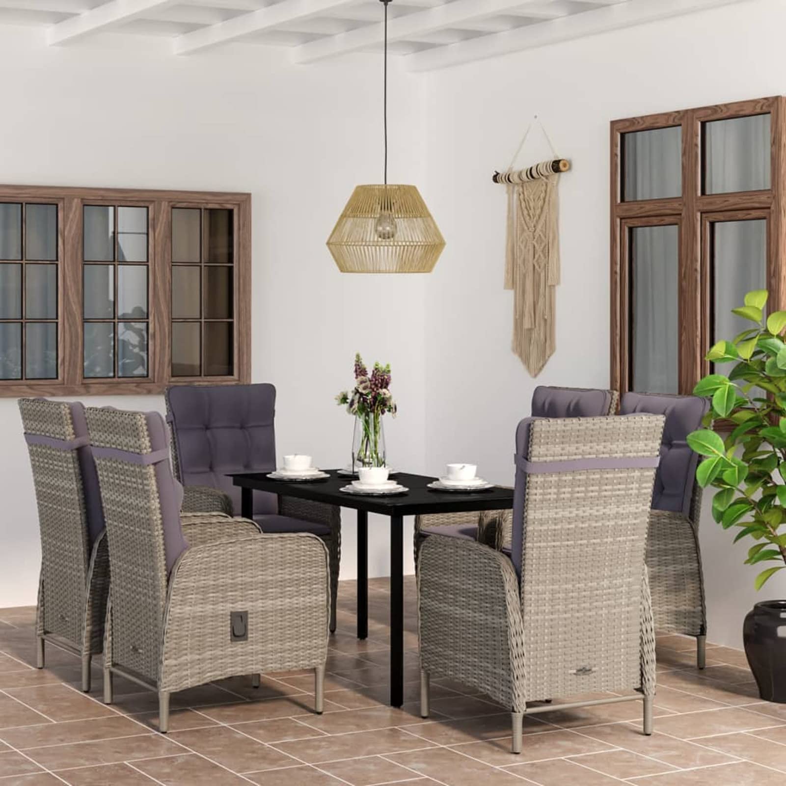 Brokky 3099362 Set da Pranzo da Giardino 7 pz con Cuscini Grigio e Nero Testata in Legno,Testata Letto Matrimoniale Muebles Dormitorio Spalliera Letto Testiere per Letto Matrimoniale