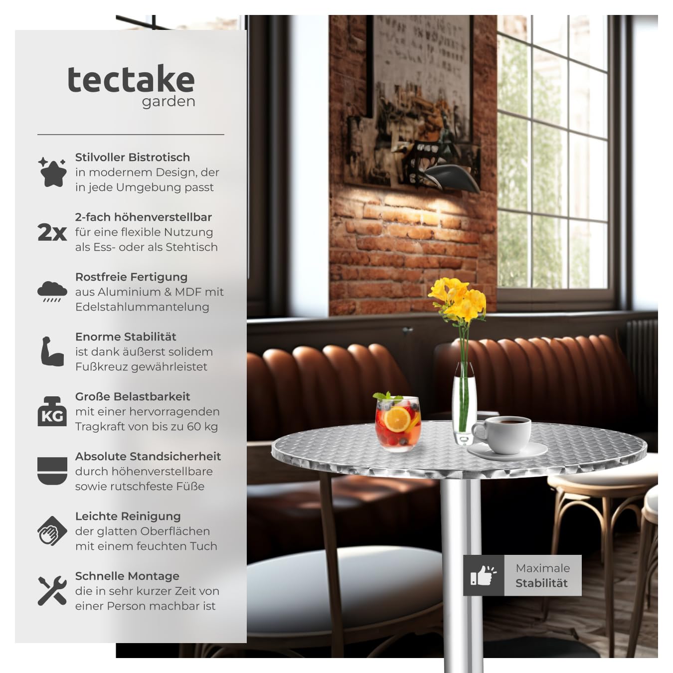 tectake® 2in1 Stehtisch klappbar Ø 60cm, Bistrotisch, Balkontisch klappbar, Bartisch aus Aluminium, höhenverstellbarer Tisch 75cm / 115cm, Partytisch