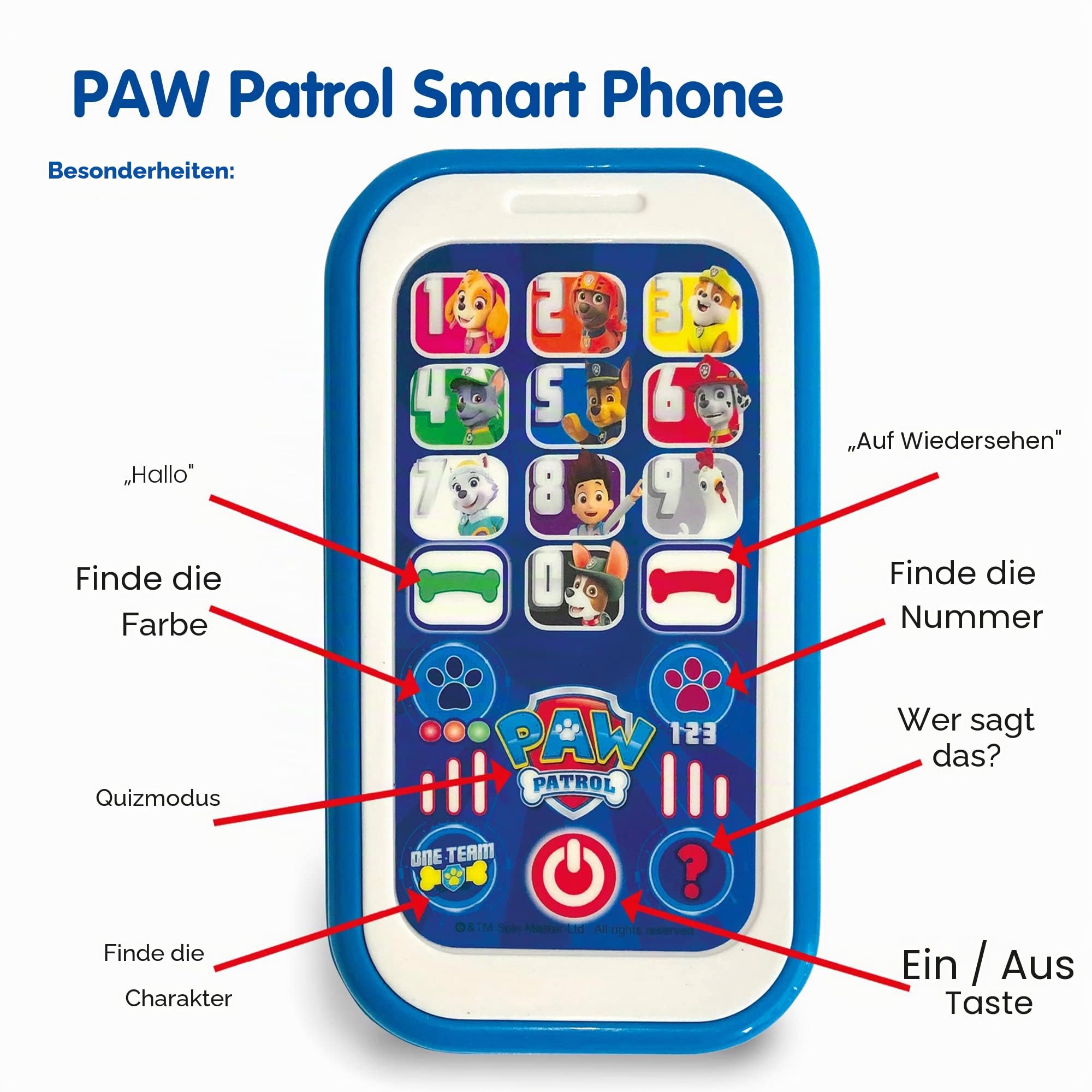 Paw Patrol Toys PAW01 Paw Patrol My First Smartphone-Spielzeug für Kinder, hilft bei der Entwicklung, Erkennung, Hören und Motorik, lustige interaktive Aktivitäten, ab 3 Jahren, blau/weiß