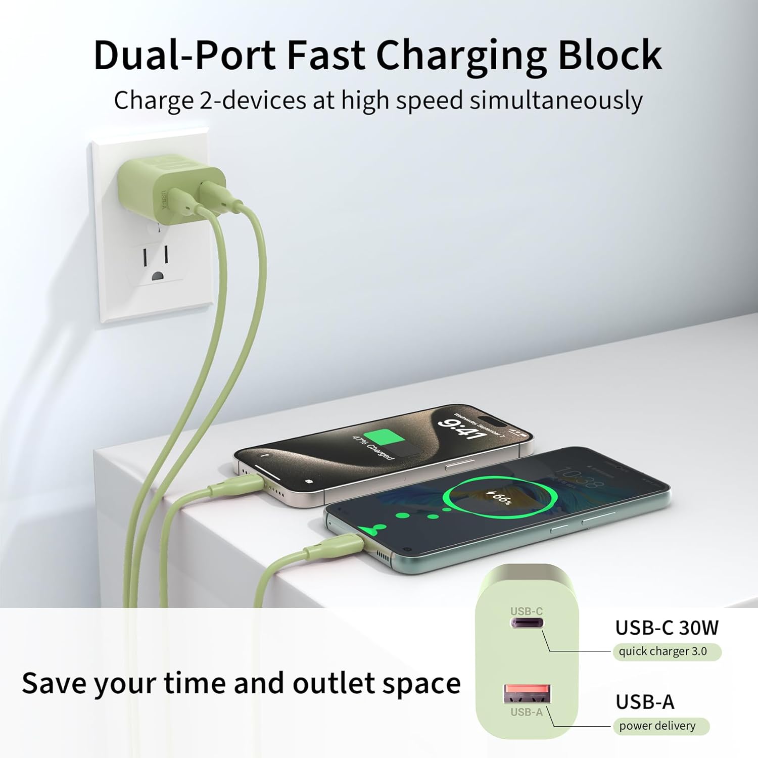 30W USB C GaN Charger for iPhone 15, Dual Port Fast Charging Block High Speed Wall Plug Power Adapter with Type C Charge Cable 5ft USB C to C Cord for iPhone 15 Pro / 15 Pro Max, iPad Pro, iPad 10th