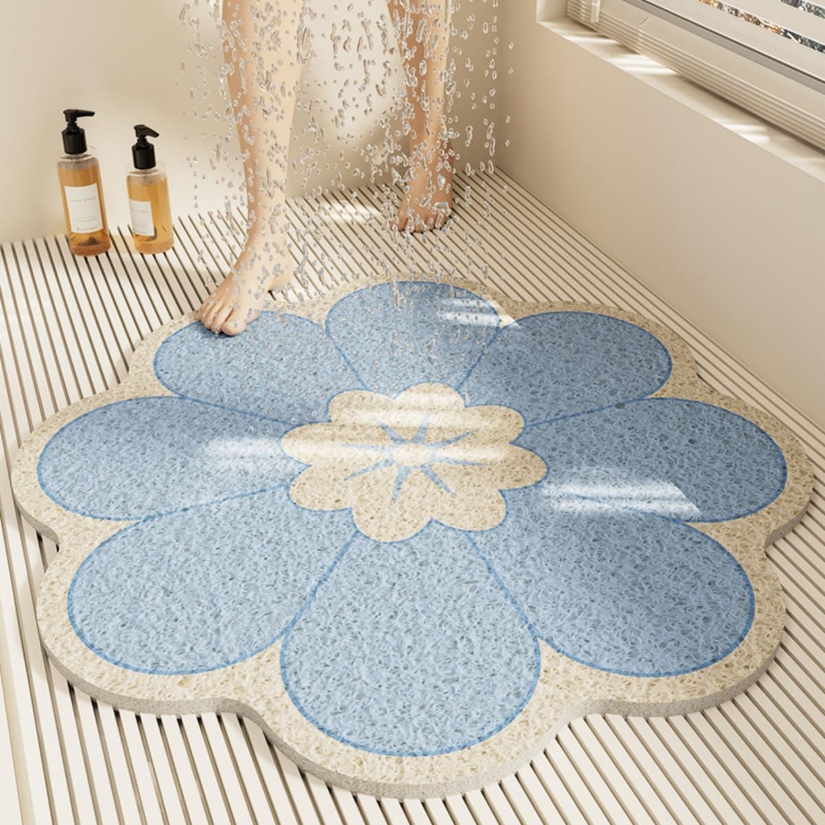 Tapis de Douche antidérapant Daisy PVC Luffa – Bain Doux Rapide(Blu,100x100cm)