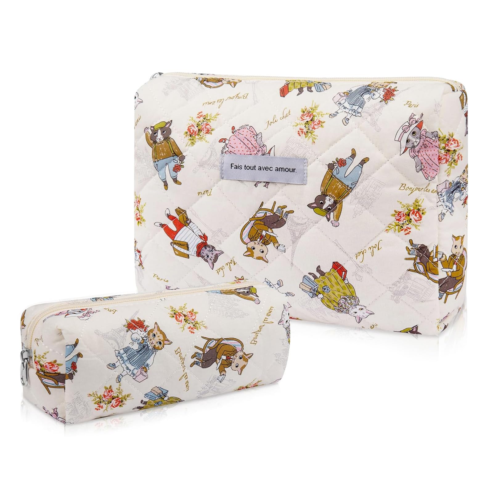 Gosect 2PC Makeup Bag Set, Cute Cosmetic Bag for Women Girls, Floral Coquette Aesthetic Toiletry Bag, Travel Make Up Organizer Bag (Cat Print)