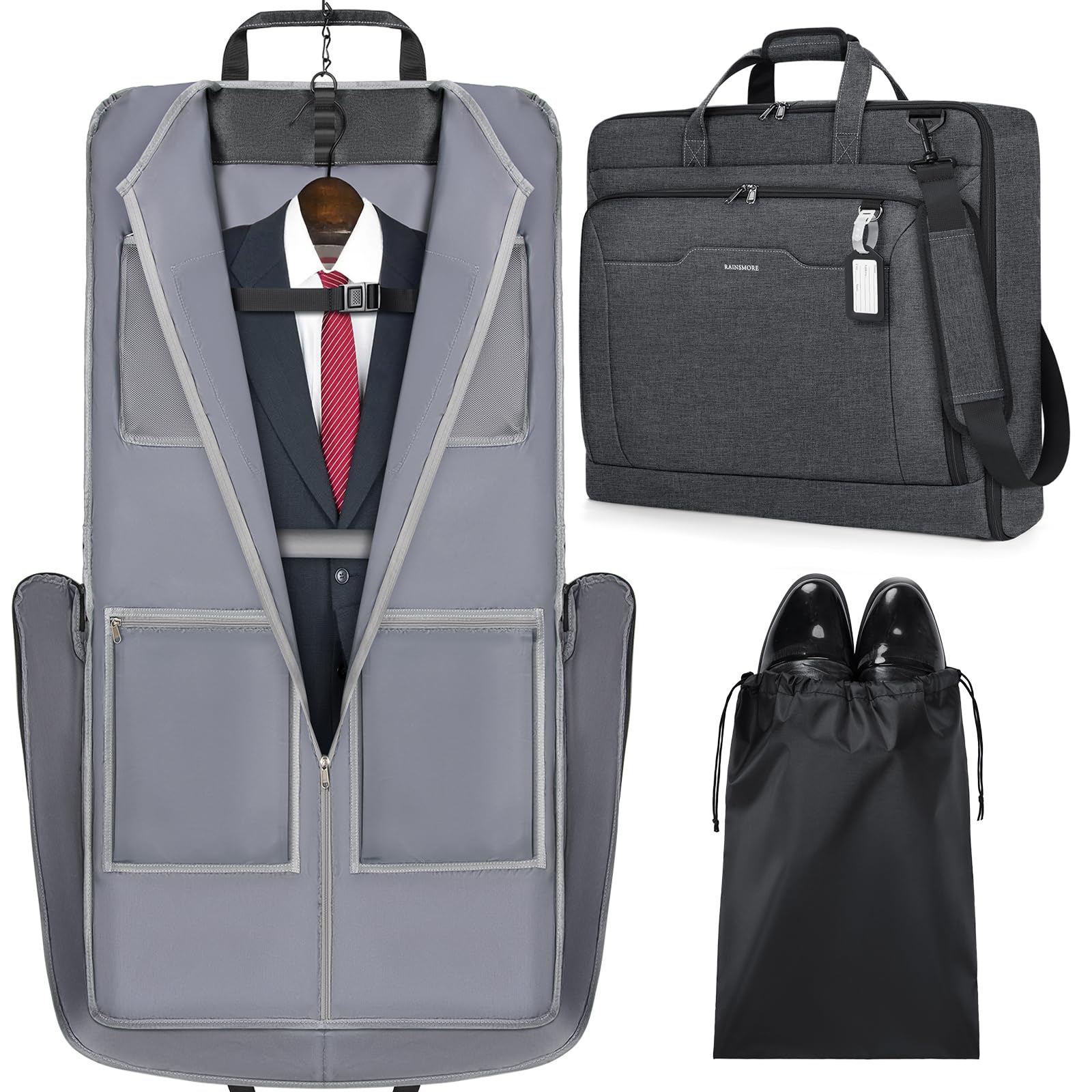 RAINSMORE Garment Bags for Travel Carry On Garment Bag for Hanging Clothes, Suit Bag for Business Trips with Shoes bag & Shoulder Strap, Waterproof Foldable Suit Luggage Bag for Men Women, Gray