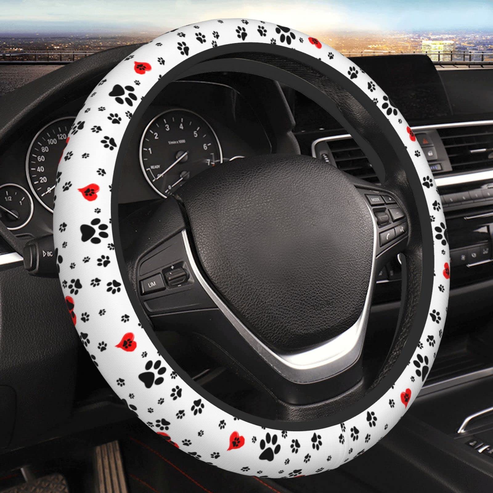 Paw Print Steering Wheel Cover & 2 Coasters Set - Non-Slip Neoprene, Universal 14.5-15 Inch, Cute Car Accessories