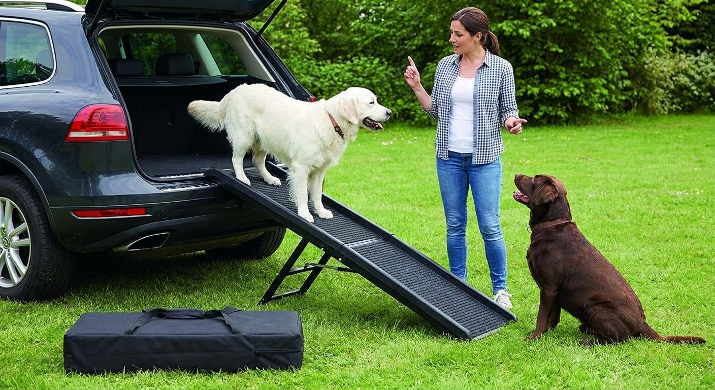 Aptliton 63" Extra Long Dog Ramp for Cars, Quadruple Fold Pet Ramp with Non-Slip Rug Surface, Portable Dog Car Ramp Supports Up to 250lbs, Adjustable Dog Steps Ramp for SUV Truck Bed Sofa Stairs