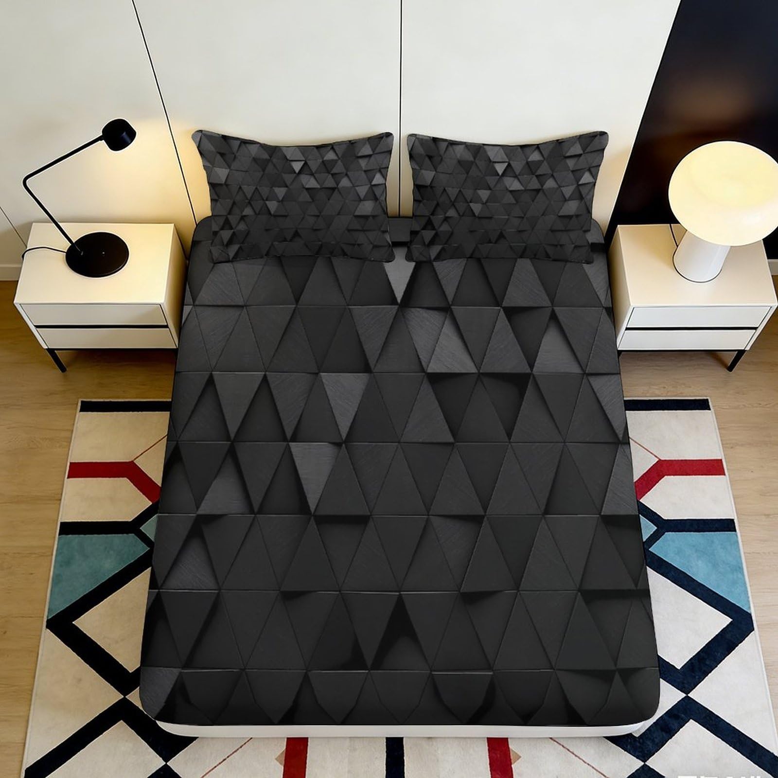 Pnayamiorkfel Style-6 3D Printed Geometric Black Fitted Sheet Microfiber Soft Textured Triangle Bed Cover For Bedroom Dorm Room Decor Mattress Protection 90X200x25cm