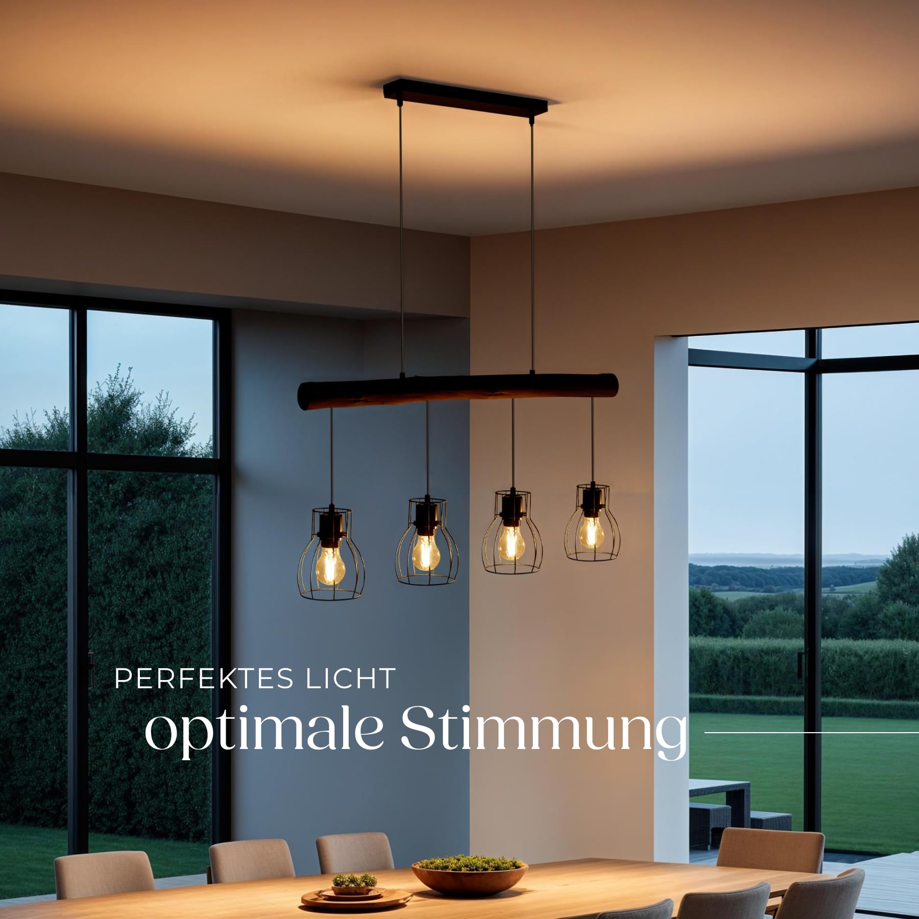 tectake® Pendelleuchte, Lampe hängend 4-flammig, Deckenlampe schwarz mit Holzbalken, Industrial Style Wohnzimmer, Esszimmer Lampe, Wohnzimmerlampe, Flurlampe, Hängelampe Esstisch