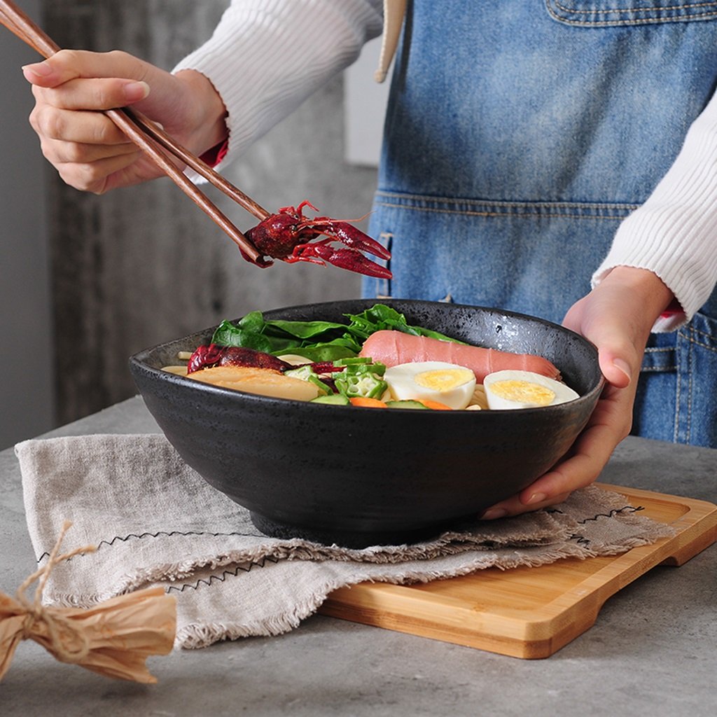 Retro czarna ceramiczna miska ramen, duża nieregularna głęboka miska na zupę, miska na sałatkę z owocami, miski na płatki śniadaniowe i makaron