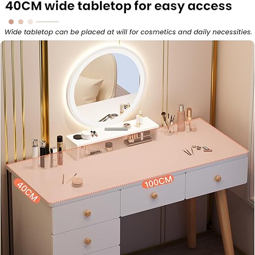 Miniatura 4 de Escritorio de maquillaje con espejo y luces, pequeña mesa de maquillaje para dormitorio con mucho almacenamiento, 3 brillo ajustable, tocador para