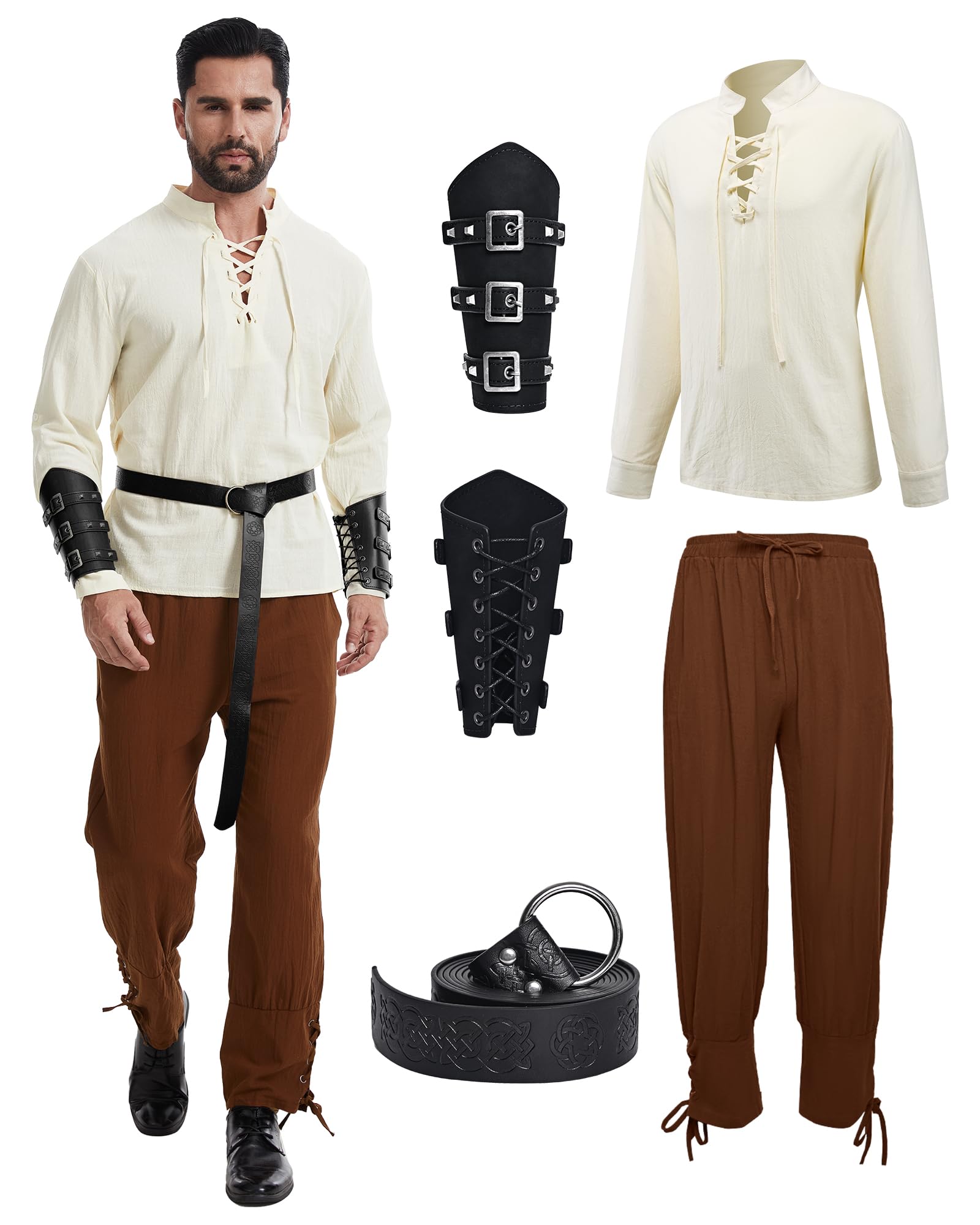 Średniowieczna koszula Viking kostium męski, 5 sztuk, kostium renesansowy, zestaw spodni z akcesoriami, na Halloween, karnawał, pirata, cosplay