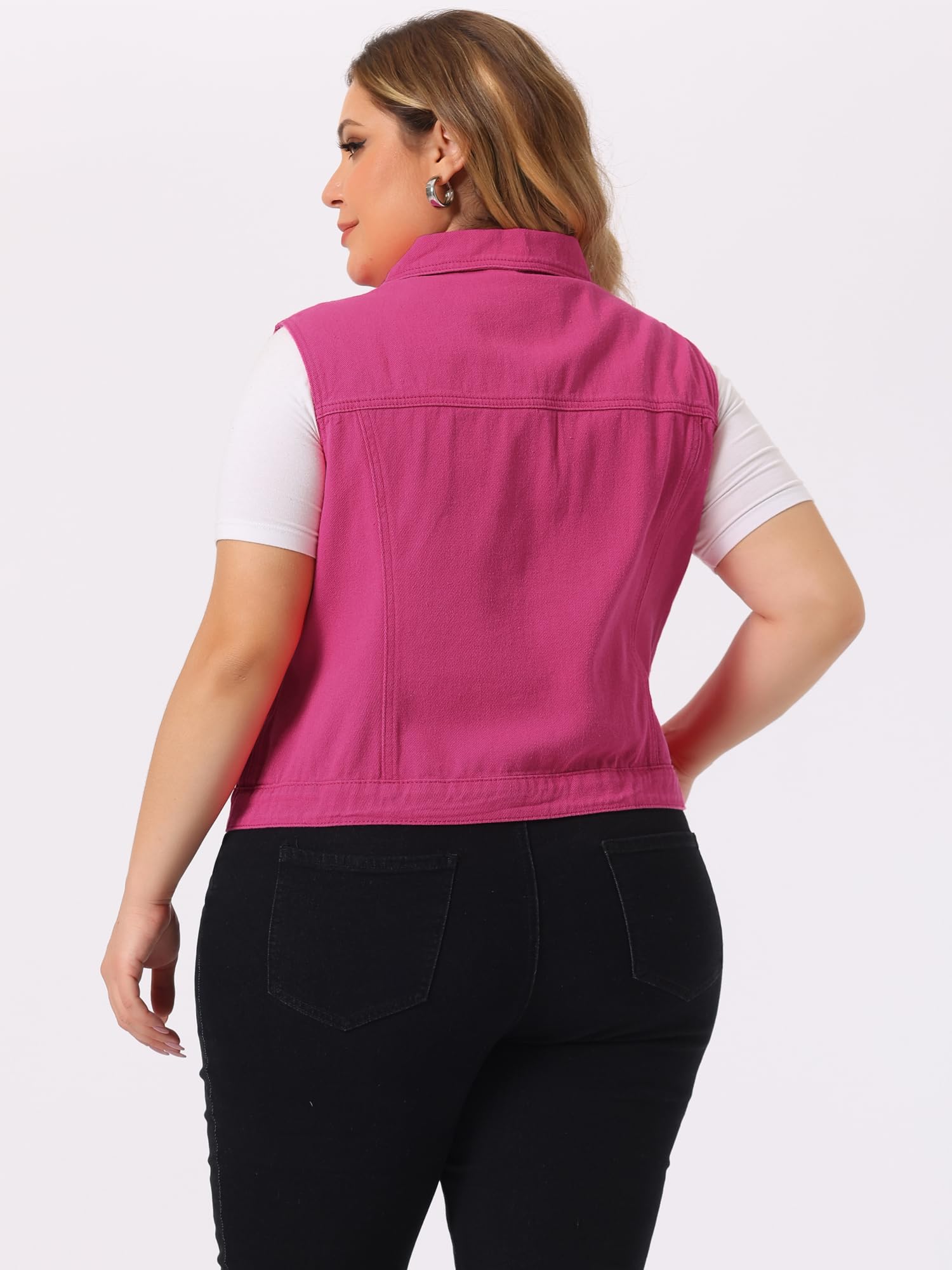Agnes Orinda Chaleco vaquero de un solo pecho para mujer de talla grande con dos bolsillos con solapa en el pecho Rosa 3XL