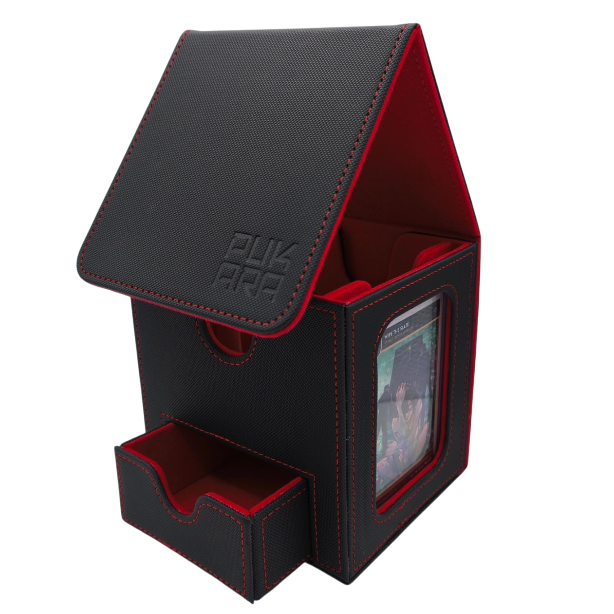 PUKARA Card Deck Box for MTG Commander TCG, 35PT Magnetic Card Holder Display, Includes Dice Tray, Fits 120+ Single Sleeved Cards (Black and Red)