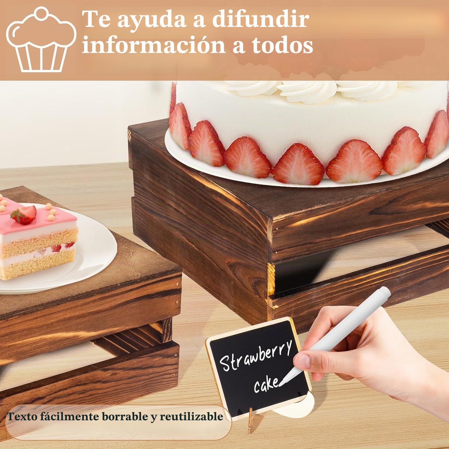 8 Piezas Soportes para bufé con Mini Carteles, Soportes rústicos para Tartas de Madera con Fondo Hueco, para Bodas y Fiestas de cumpleaños