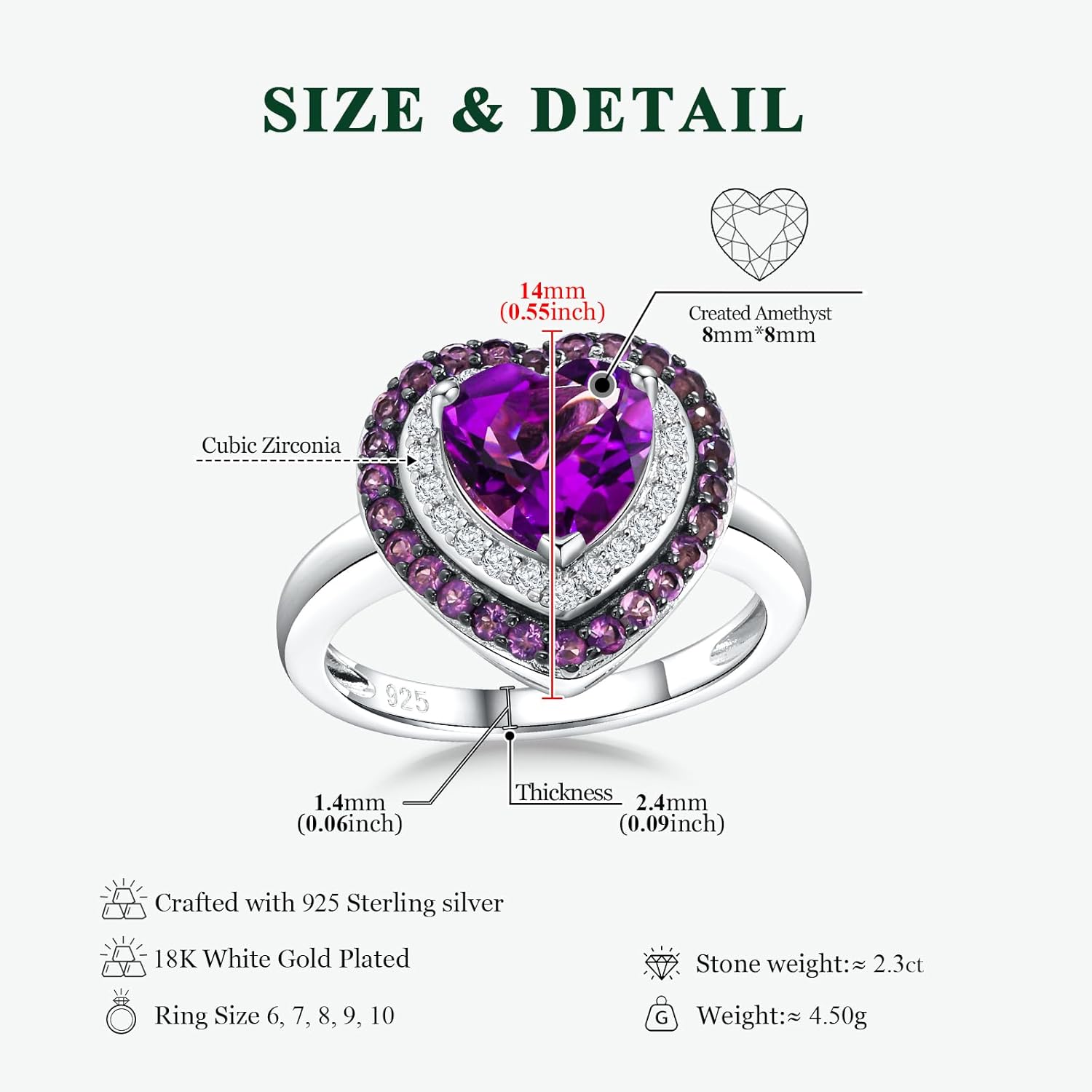 Heart Rings for Women 925 Sterling Silver Promise Ring 3-Layers Created Gemstone Wedding Engagement Rings for Women Size 6 to 10 - Image 6