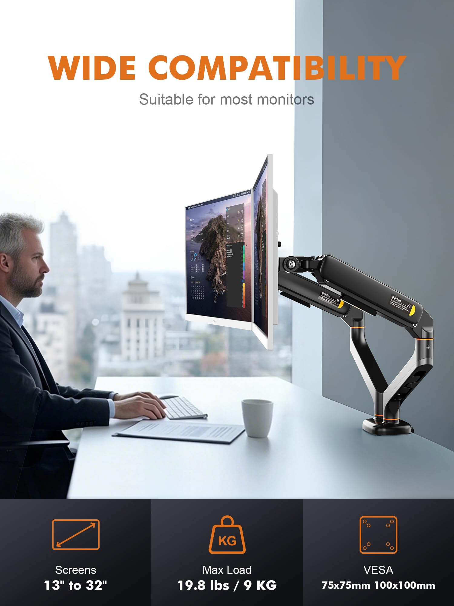 Ibergrif Soporte de Monitor Doble para Pantallas de 13"-27", Brazo de Gas Ajustable, Soporta 2 Monitores, Inclinación, Giro y Rotación con Base de Montaje C-Clamp y Grommet, VESA 75/100mm (MA001-2)