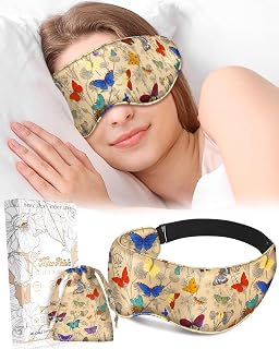 Cute Silk Weighted Eye Mask - Sleep Mask for Women Wife Mom for Sleeping Heat and Cold Lavender Mulberry Silk Eye Mask for Dry Eyes Ajustable with Drawstring Bag, Retro Butterfly