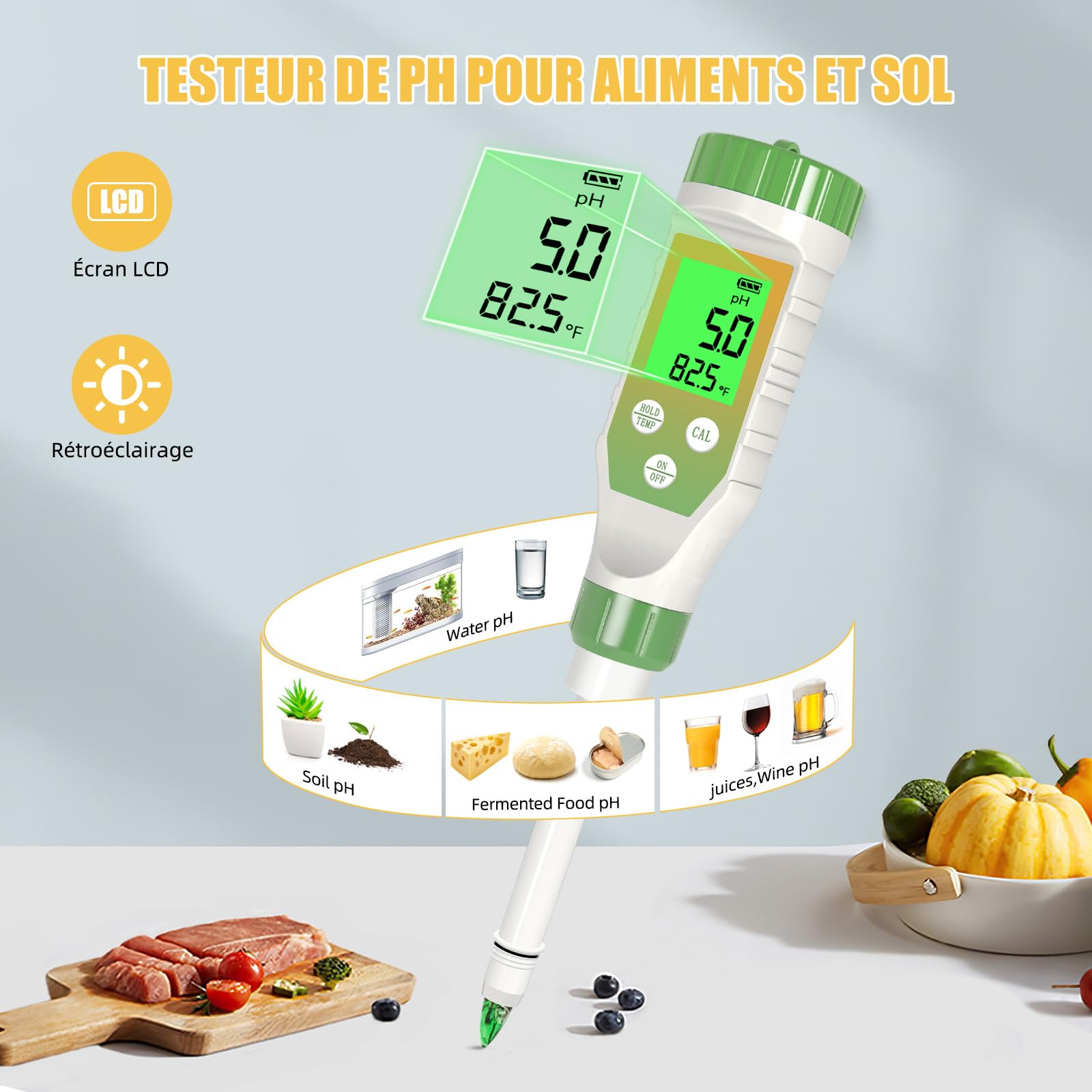 Digitale pH Messgerät, Wasser und Lebensmittel pH-Tester | Hohe Präzision Garten Boden pH Messgerät Kit mit LCD ℃/℉ Display für Lösung,für Fleisch, Brot, Käse,Pool