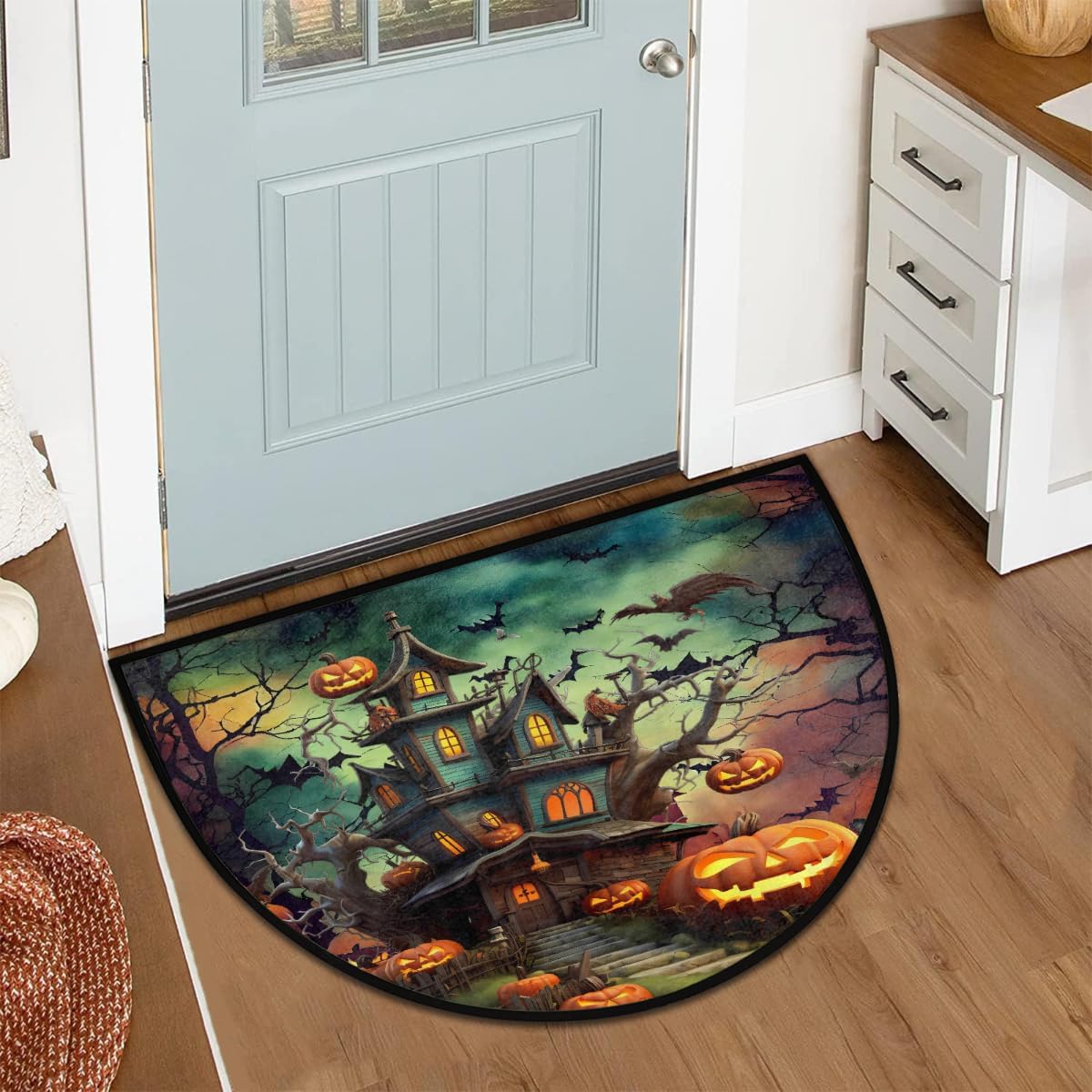 Half Round Door Mat Halloween Pumpkin Cat Black Half Moon Rug Washable Half Circle Area Rugs Indoor Entrance Non Slip Semi Circle Bathroom Rugs Floor Carpet for Kithen Bedroom Decorate Gift