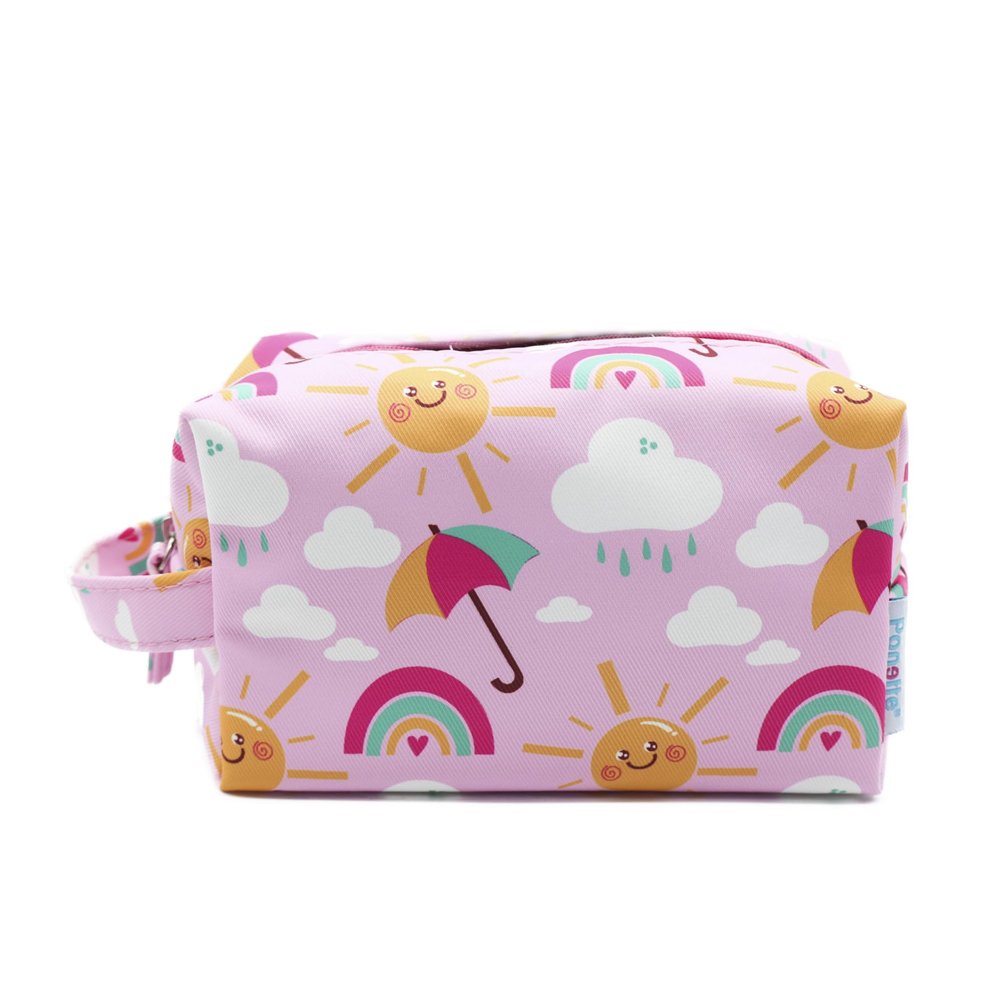 Ponette Neceser Infantil en Tejido Rosa con Divertido Estampado Multicolor de Soles, Arcoiris y Paraguas, Niño, Niña, Viaje, Estuche, Bolsa, Colegio, Piscina, Playa, Marca Española
