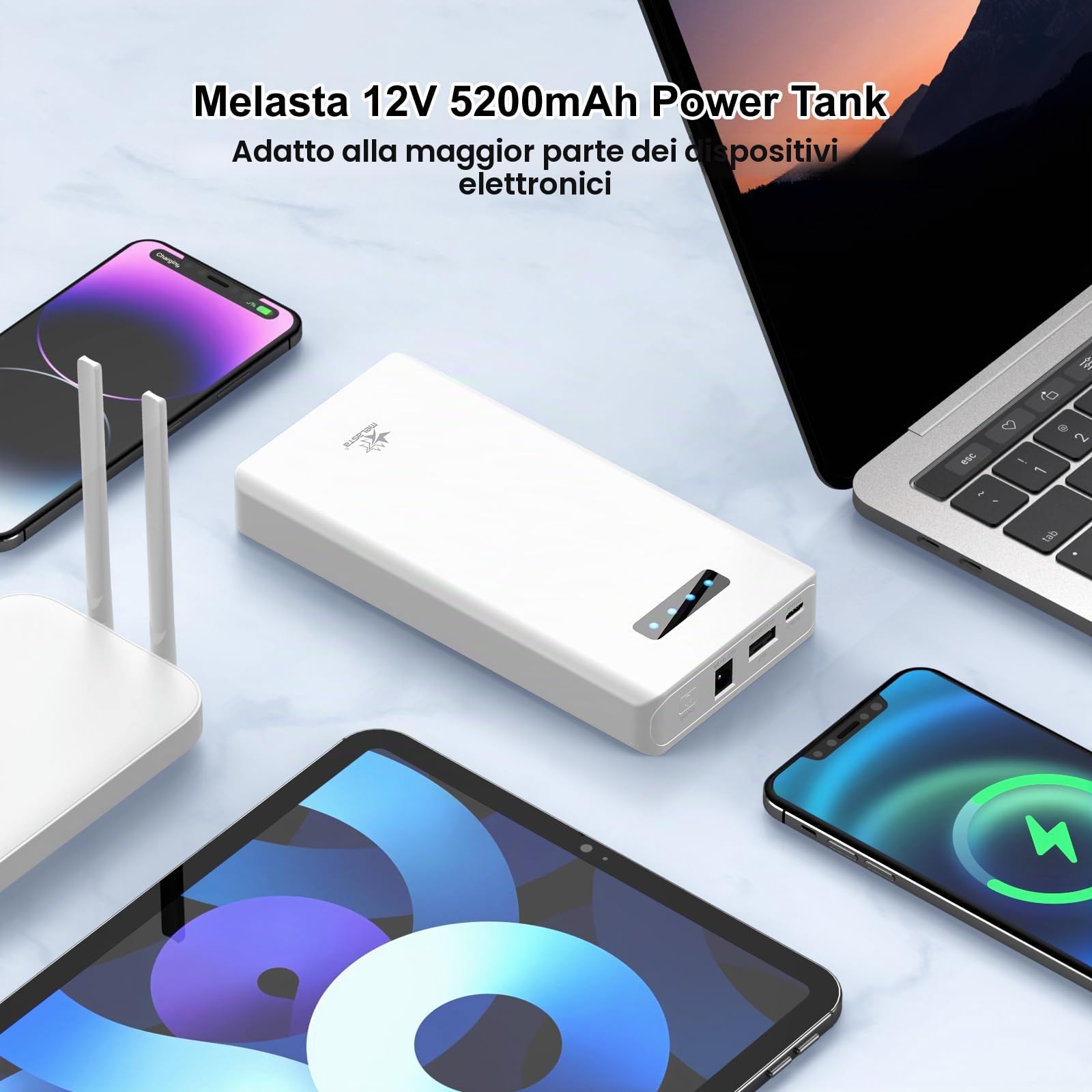 melasta 5200mAh Power Bank, 12v Power Bank Portatili per Cellulari con Porta 3 in1, PD 45W USB-C Porta di Ricarica Rapida | 12V/2A DC Port | QC3,0 22,5W USB-A Porta, Powerbank per Telefono Cellulare